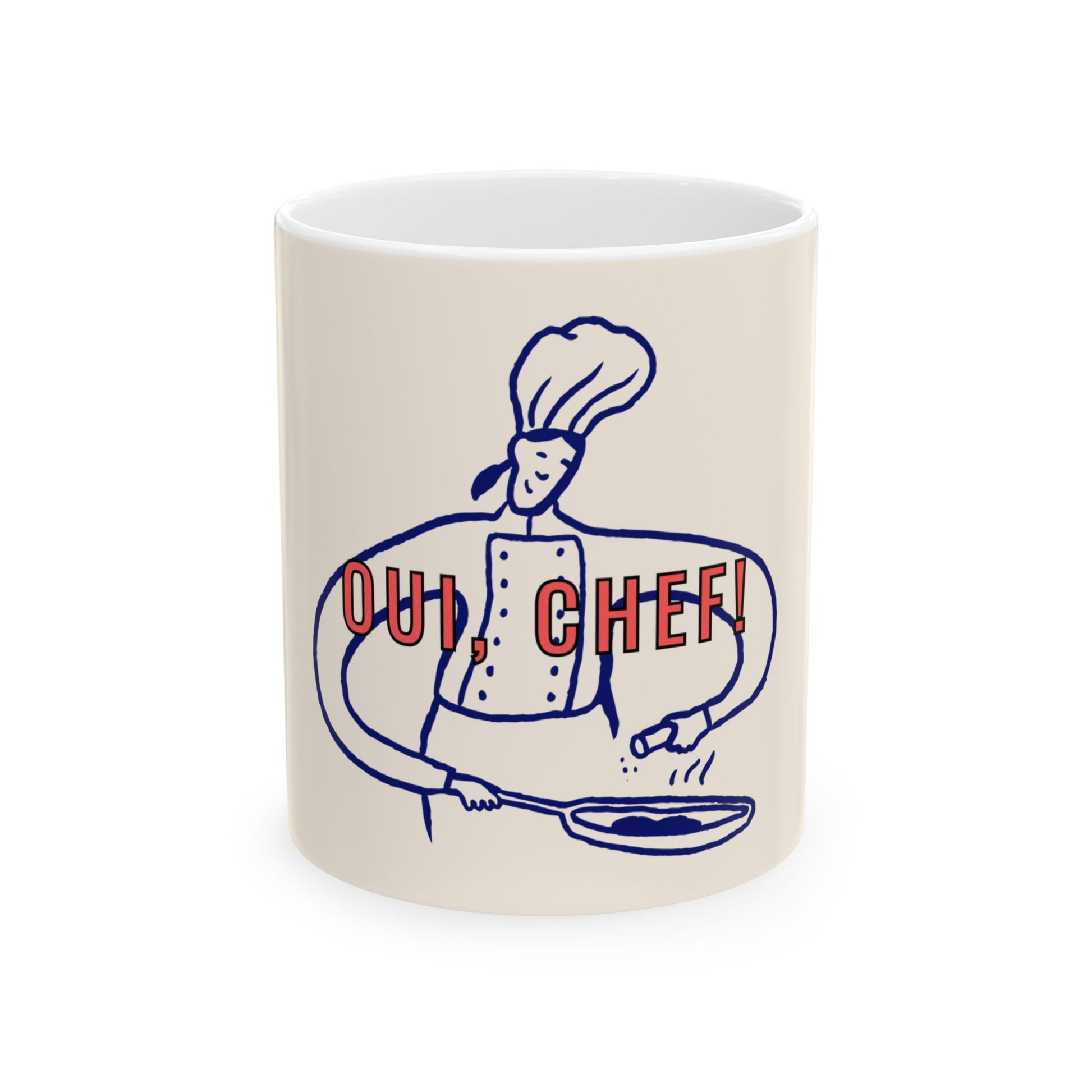 Mug with a chef graphic and 'Oui, Chef!' text on a white background