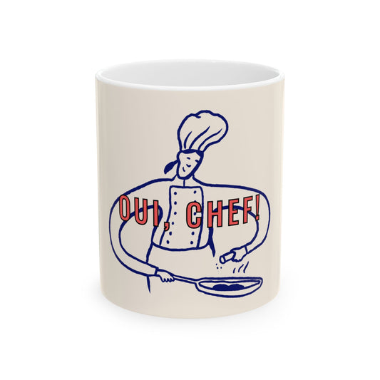 Mug with a chef graphic and 'Oui, Chef!' text on a white background