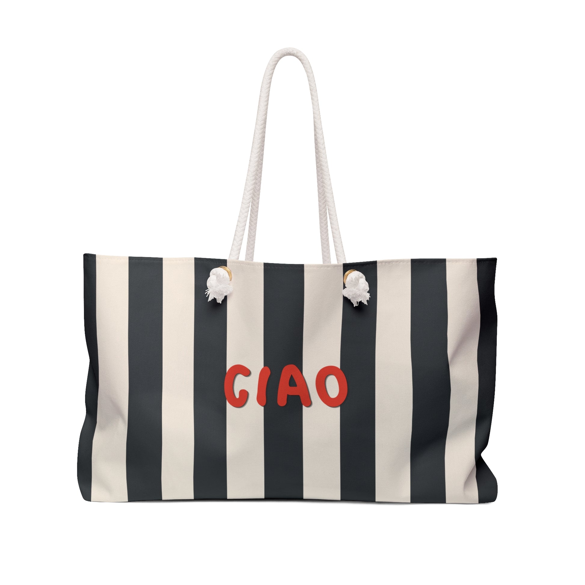 Black and white striped bag with 'CIAO' text on a white background