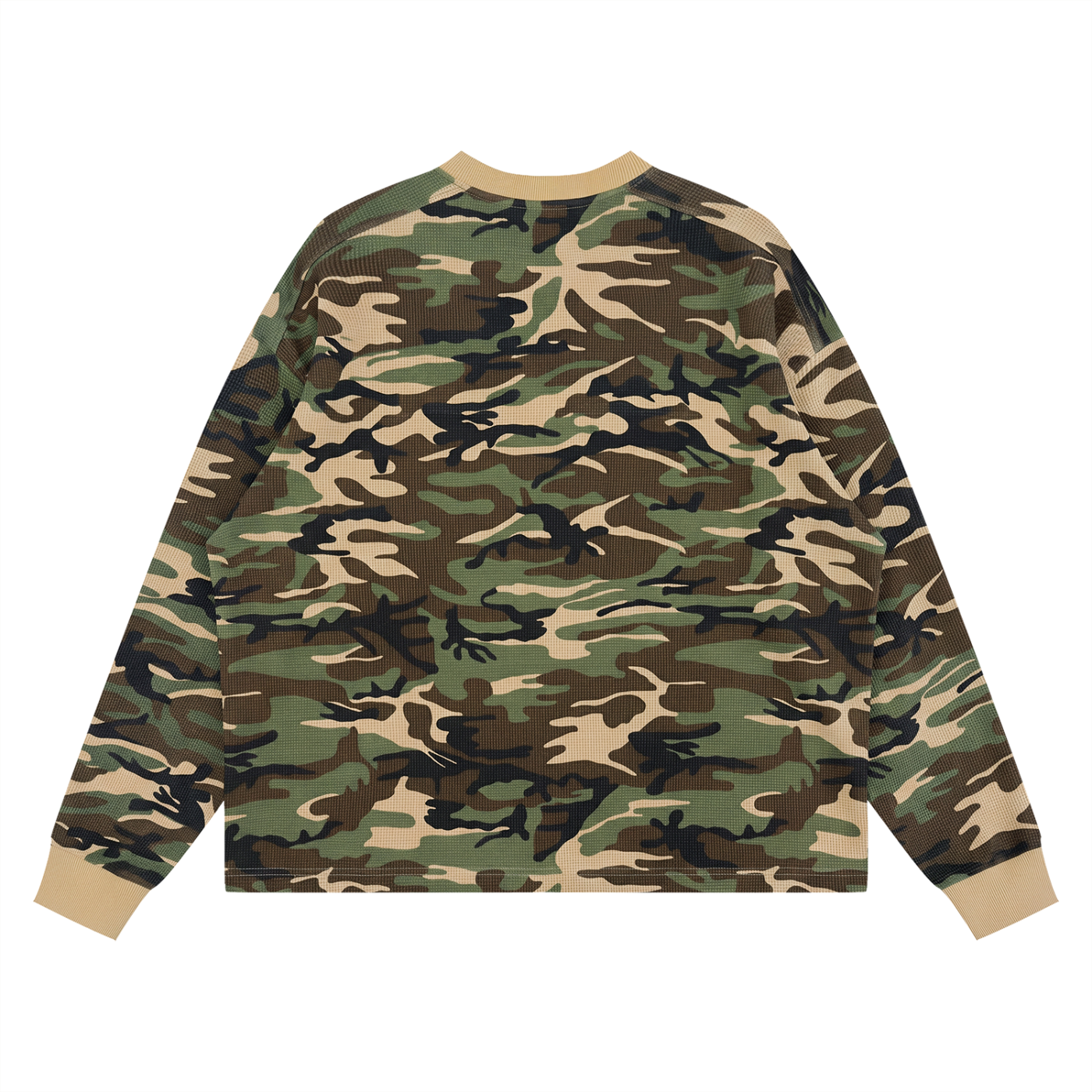 A long-sleeve crewneck sweatshirt featuring a classic woodland camouflage pattern in green, brown, black, and beige, with solid beige ribbed collar, cuffs, and hem, shown flat on a white background.
