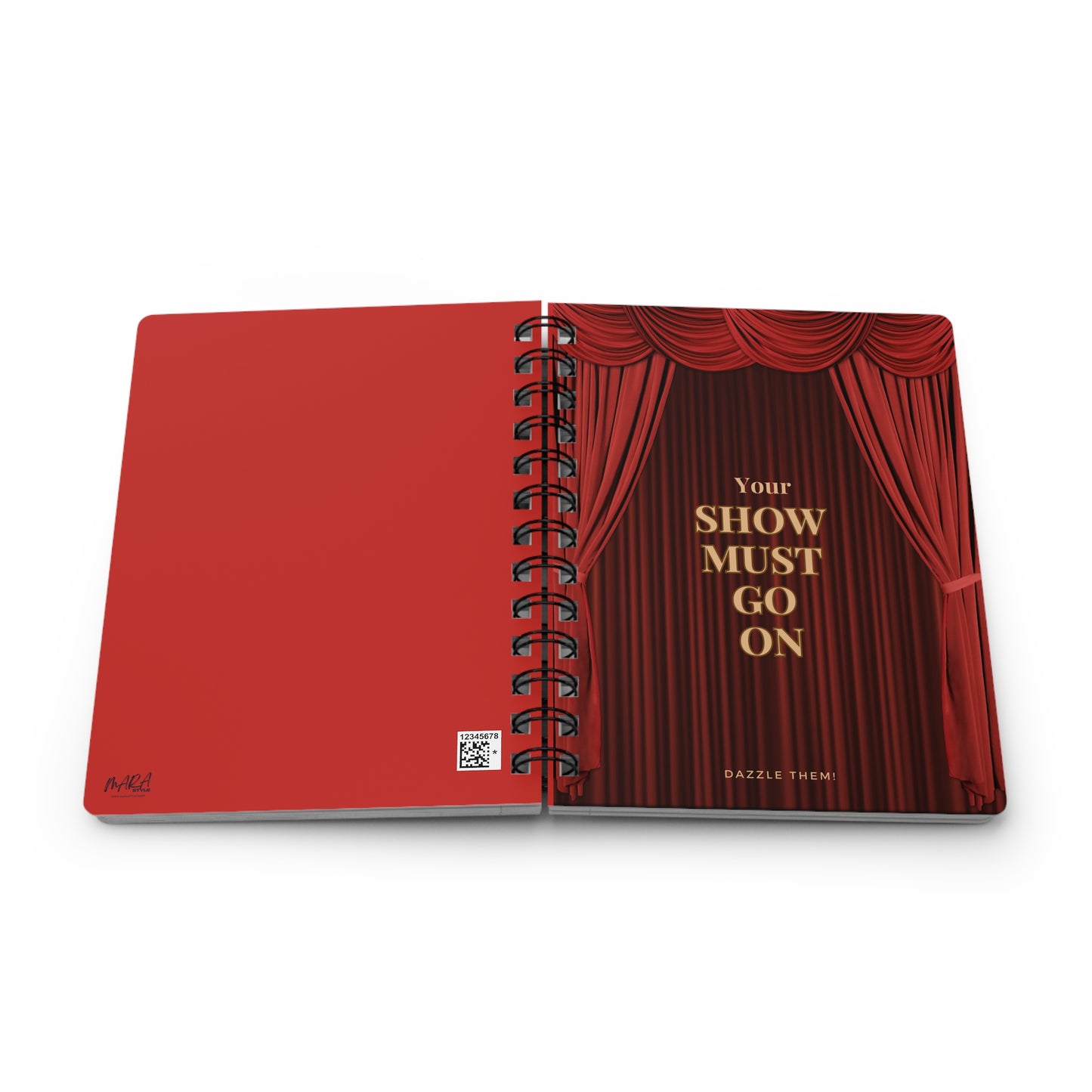 Red notebook with a theater curtain design and 'Your Show Must Go On' text on a white background