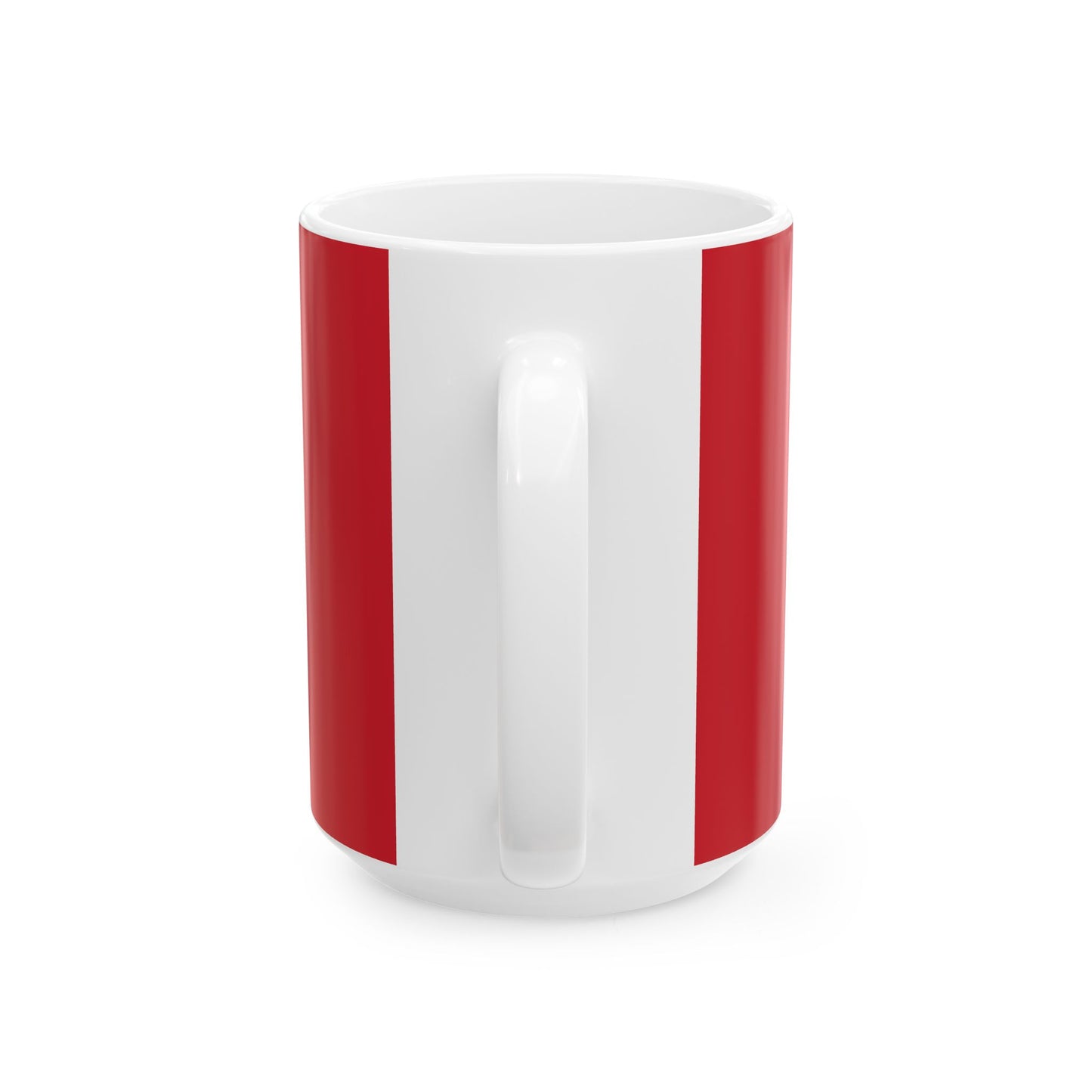 A white ceramic mug with two vertical red stripes on the outside, shown from a three-quarter angle on a clean white background.