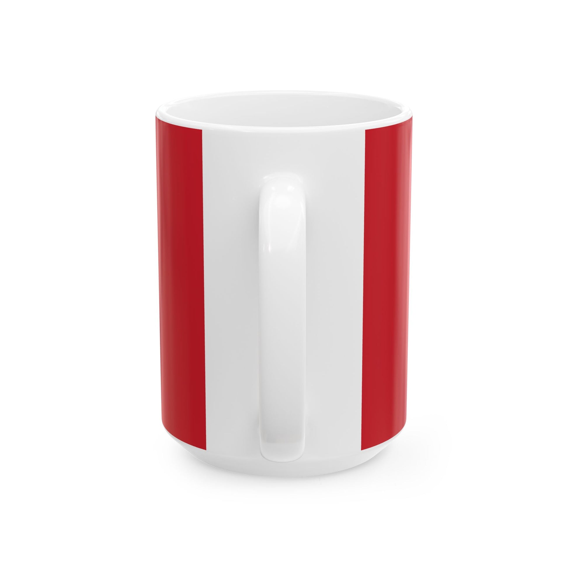 A white ceramic mug with two vertical red stripes on the outside, shown from a three-quarter angle on a clean white background.