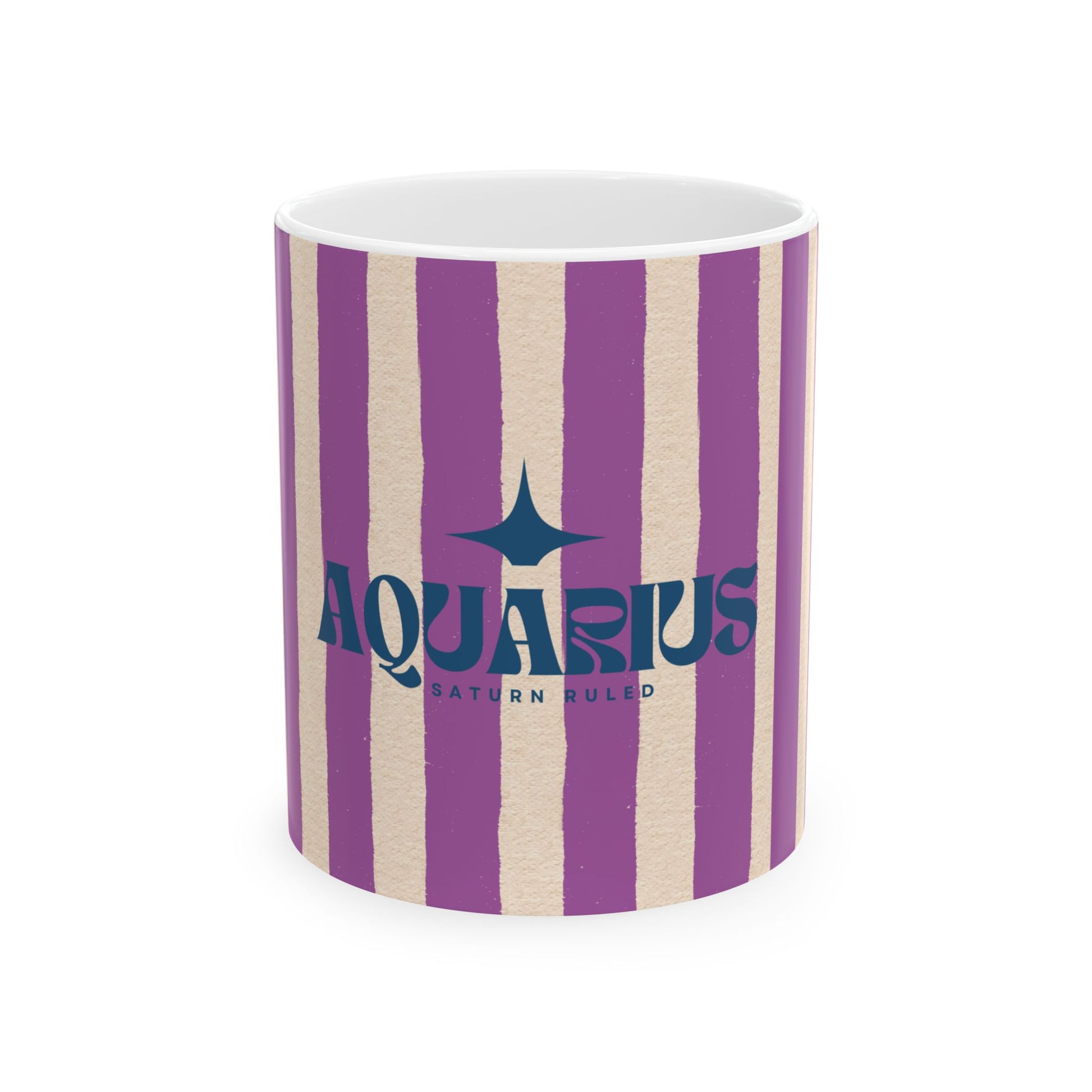 Mug with purple and beige striped design and 'Aquarius' text on a white background