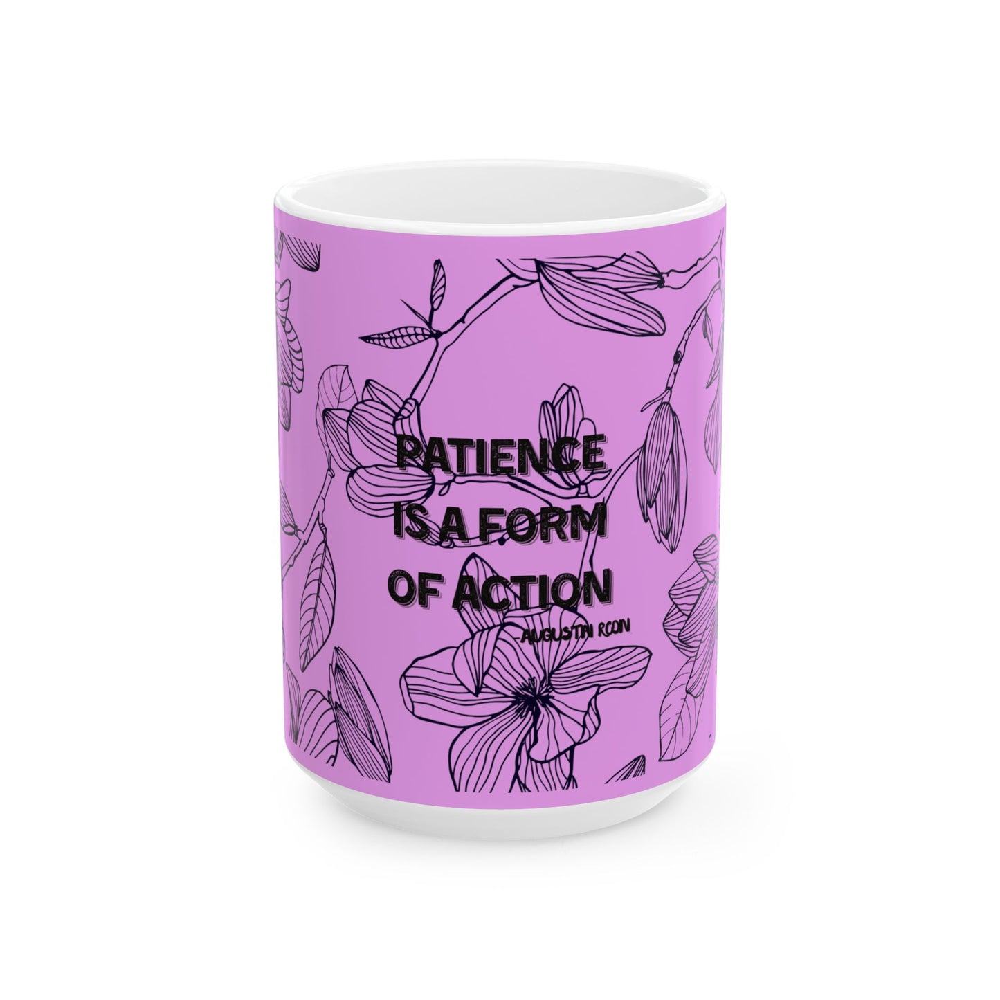 Mug with floral design and motivational quote on a white background