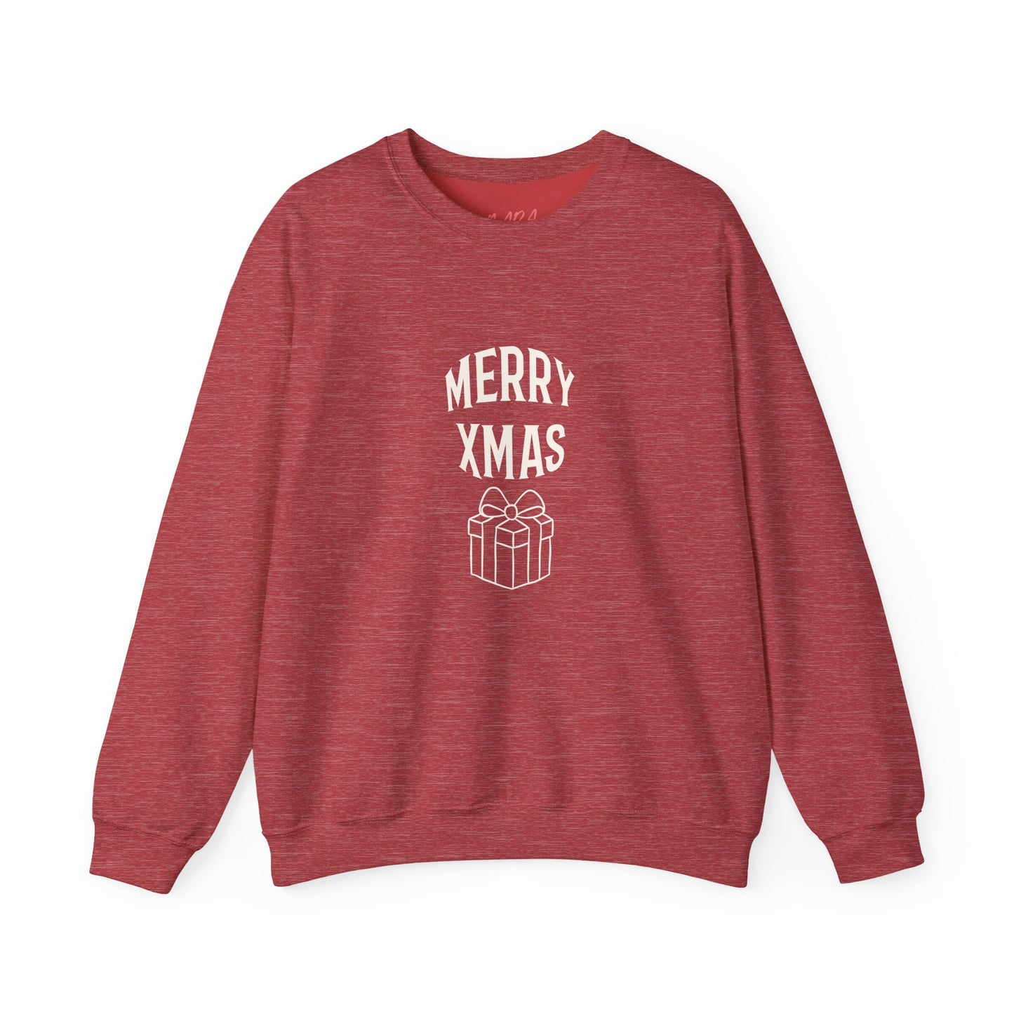 Red sweatshirt with 'Merry Xmas' and gift graphic on a white background