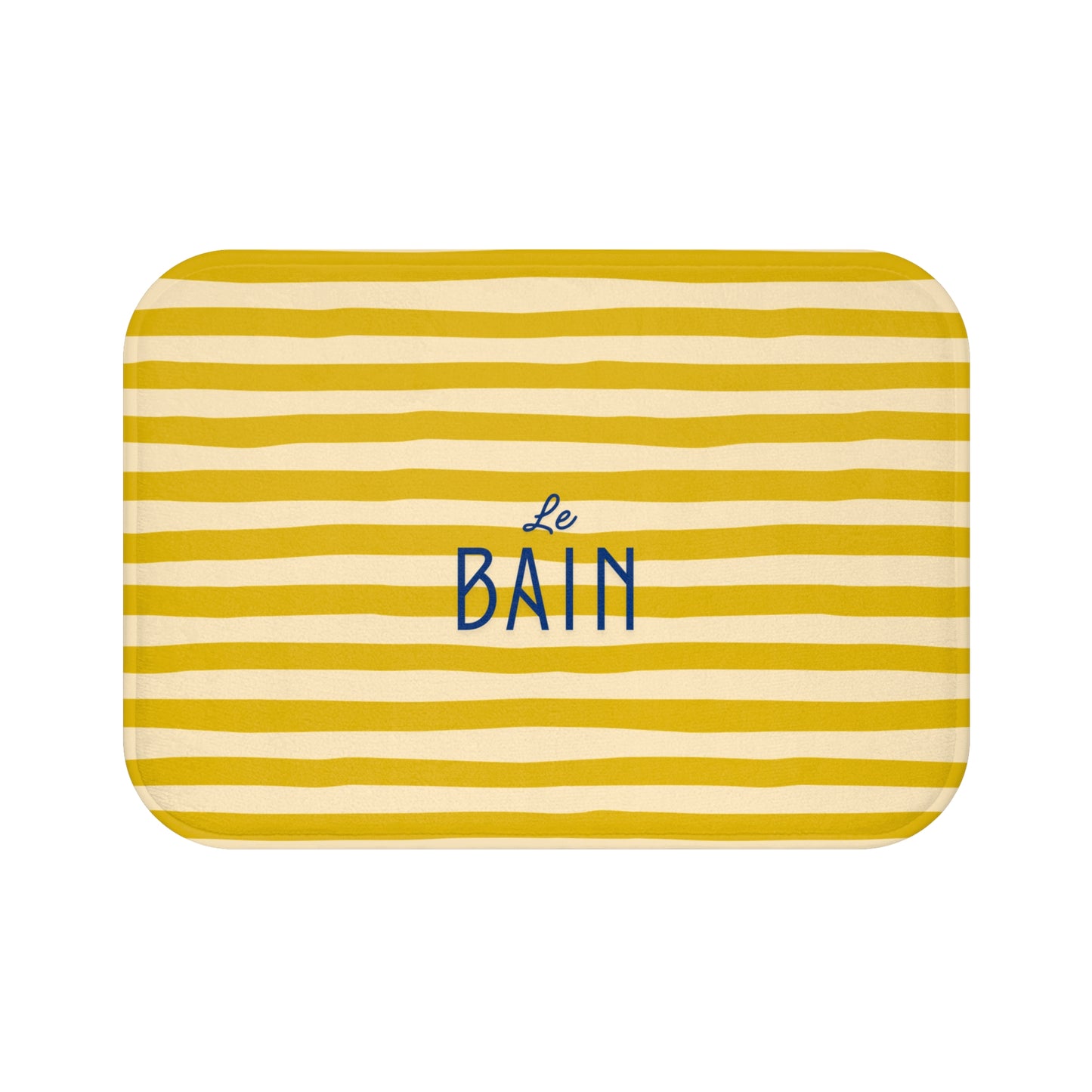 Yellow and white striped bath mat with 'Le Bain' text on a white background