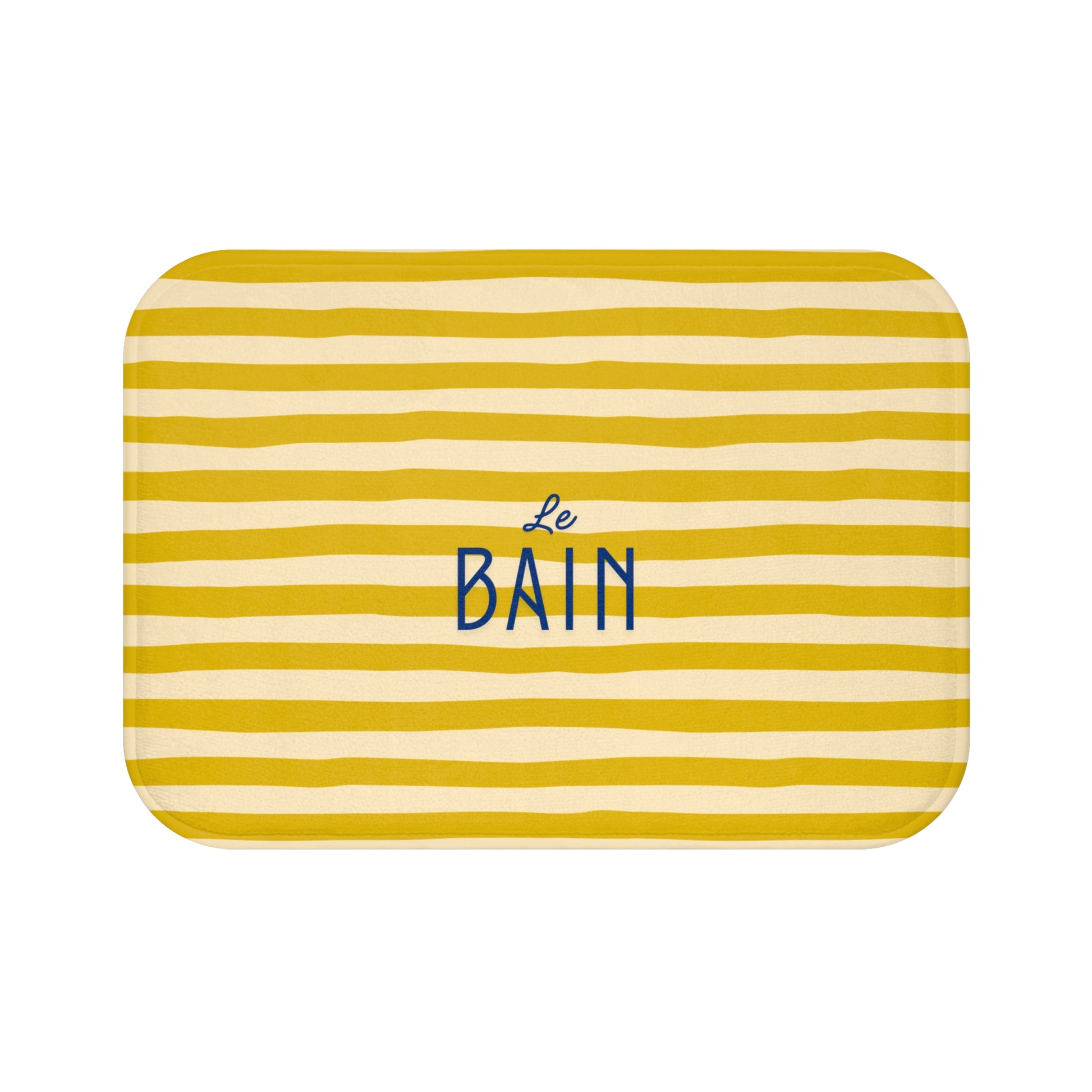 Yellow and white striped bath mat with 'Le Bain' text on a white background