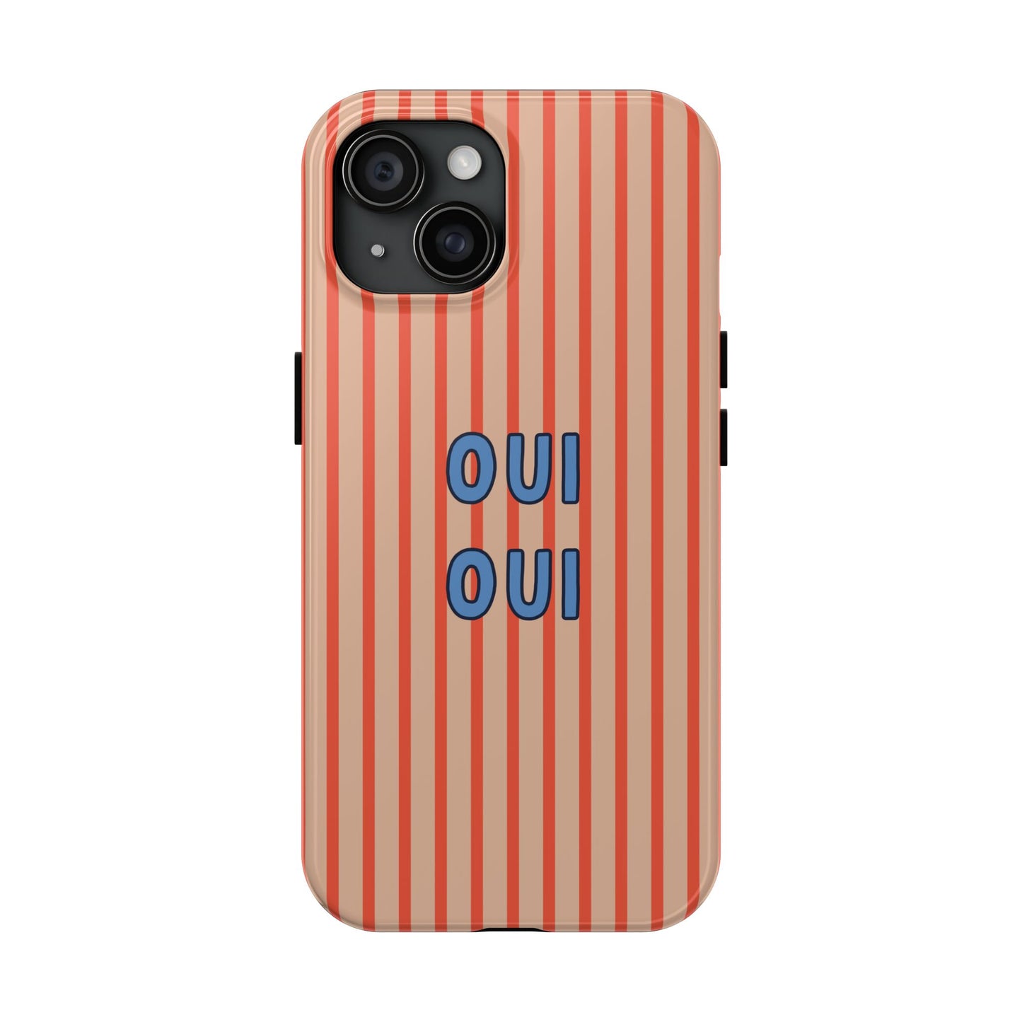 Phone case with red and beige striped pattern and 'OUI OUI' text on a white background