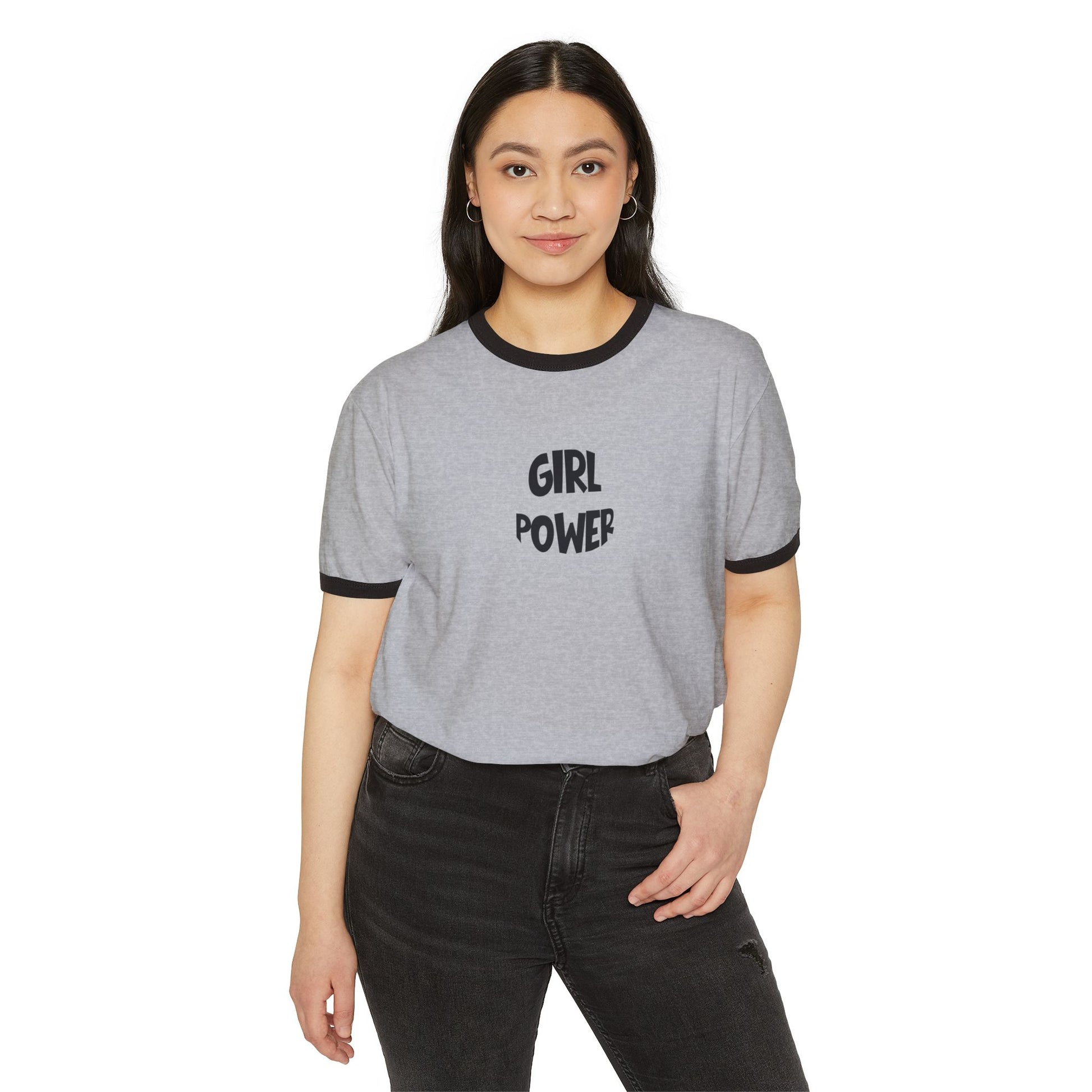 Woman wearing a gray 'Girl Power' t-shirt on a white background