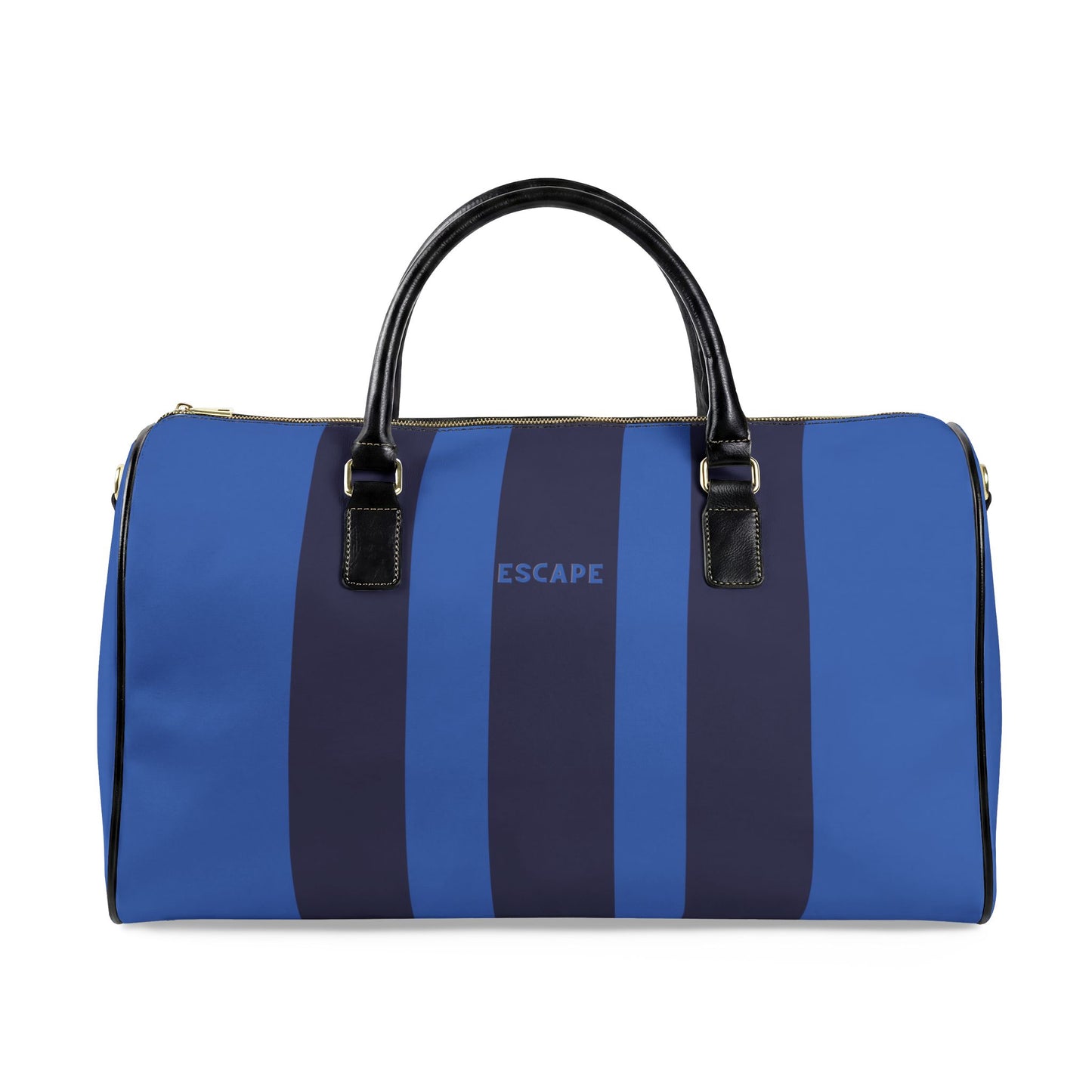 Blue and black striped duffel bag with 'Escape' branding on a white background
