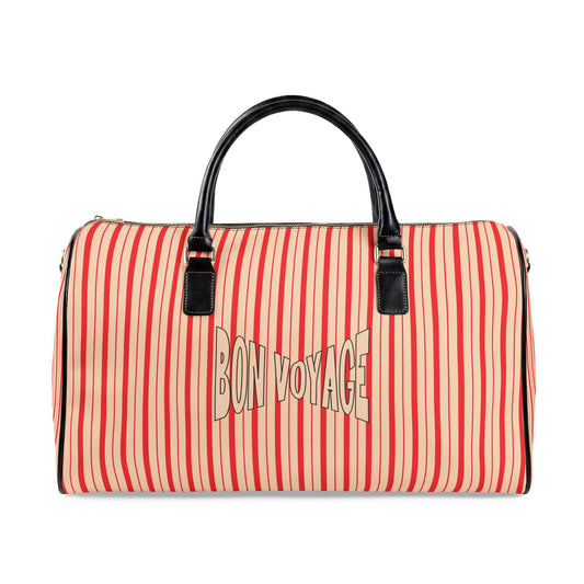 Modern Preppy Leather Travel Bag, BON VOYAGE – RED Striped Weekender Duffle