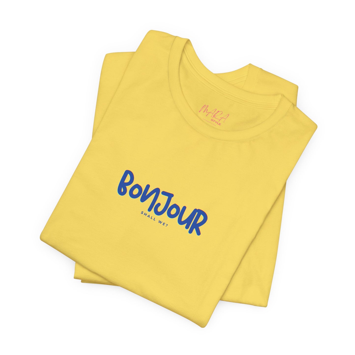 Yellow t-shirt with 'Bonjour' text on a white background