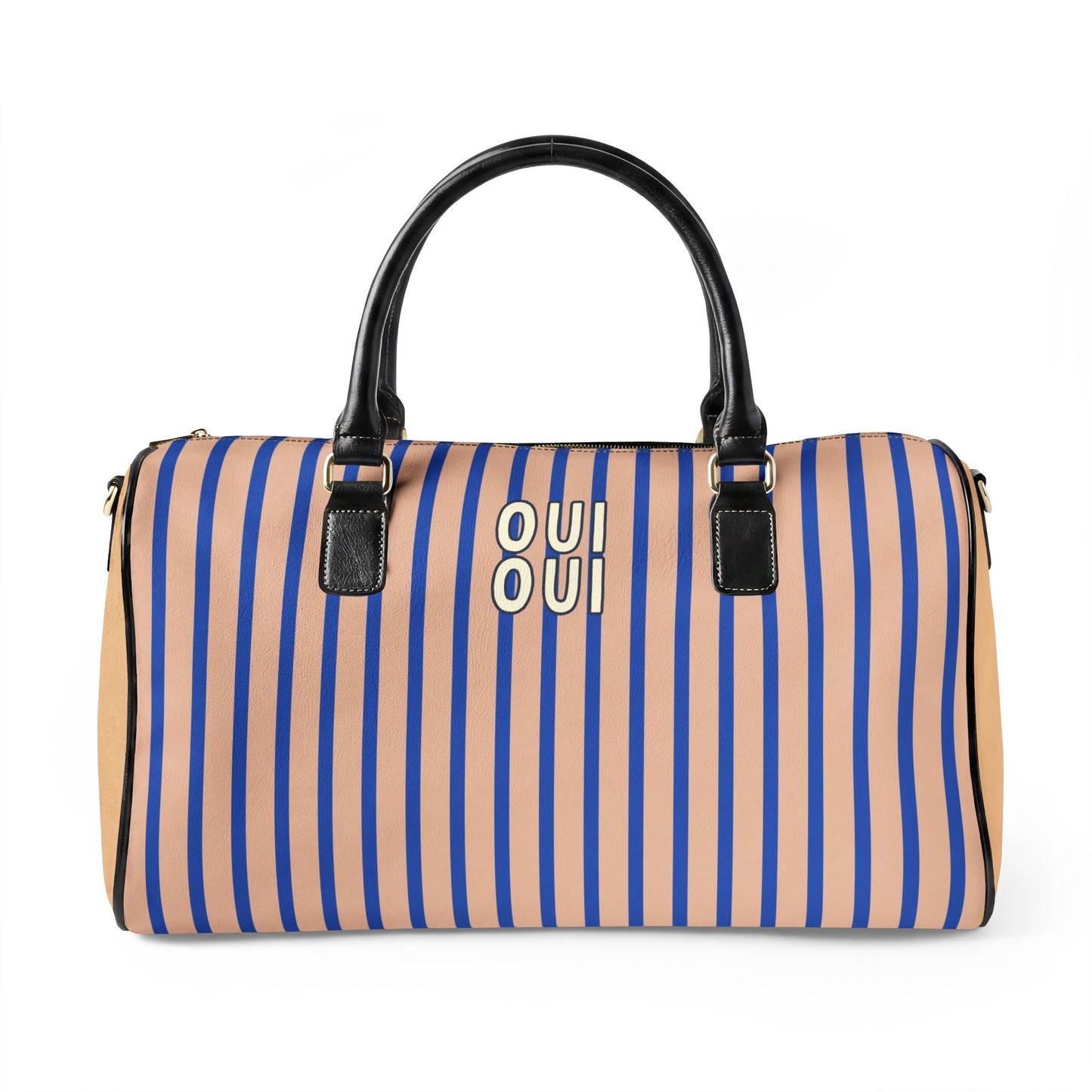Striped duffel bag with black handles and 'OUI' logo on a white background
