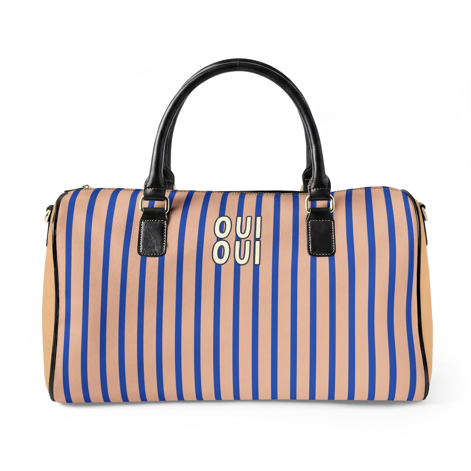 Striped duffel bag with black handles and 'OUI' logo on a white background