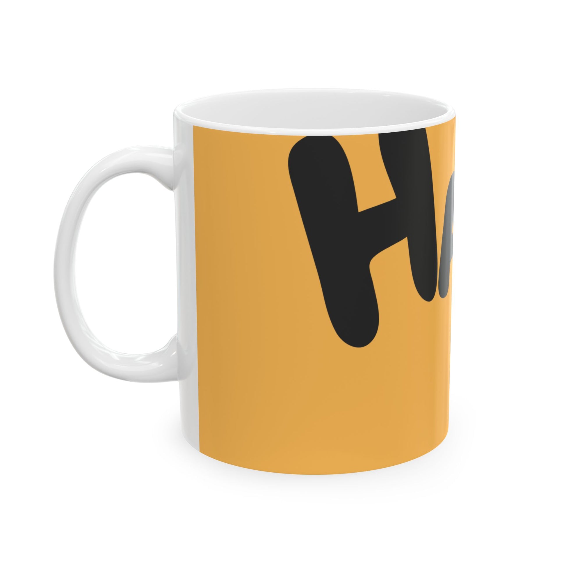 Mug with 'Happy' text on a mustard yellow background