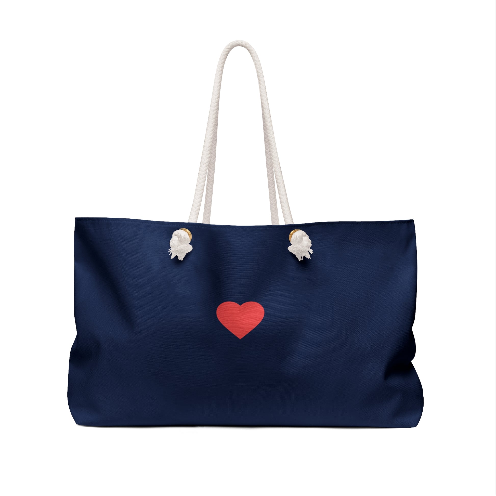 Navy blue tote bag with a red heart and white handles on a white background
