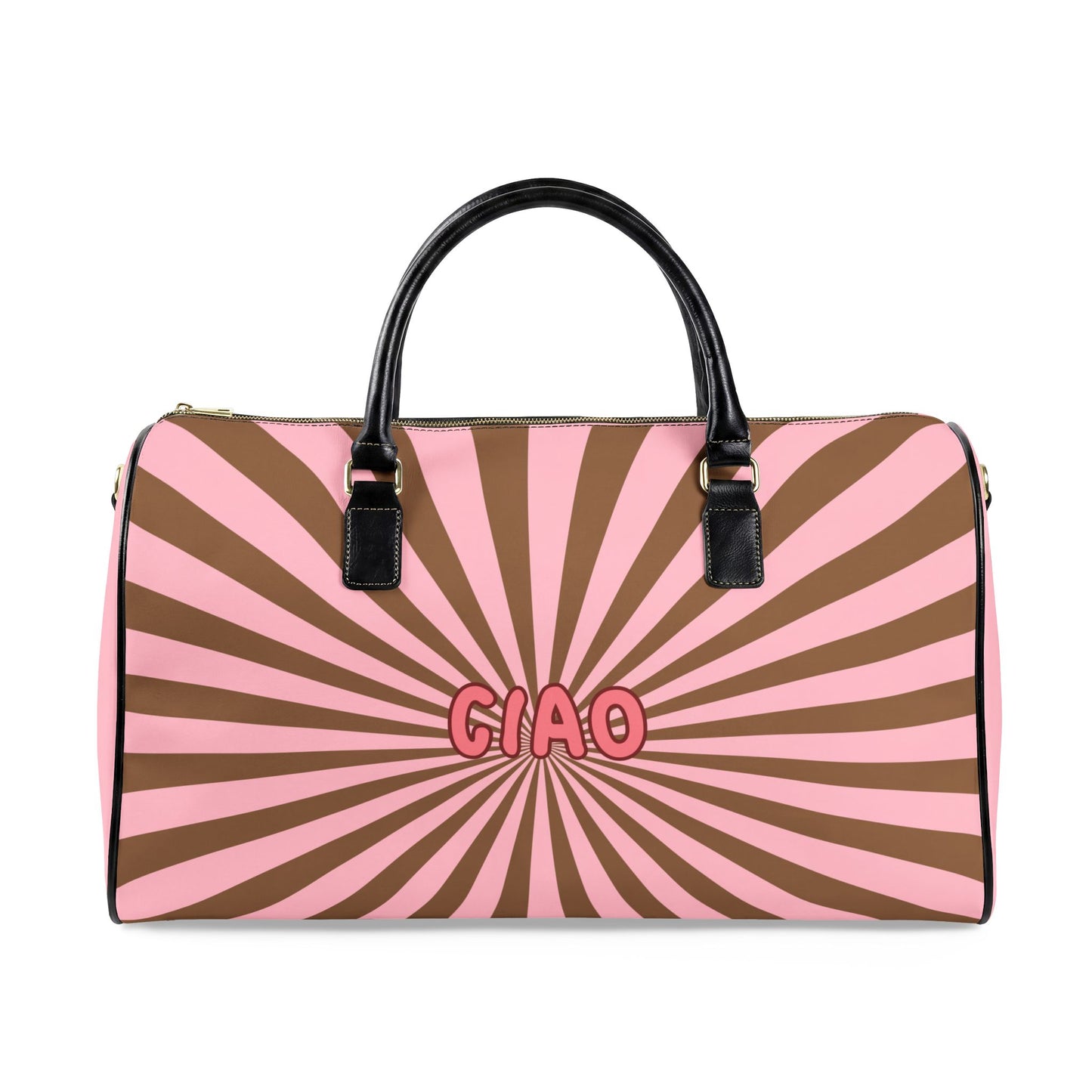Duffle bag with pink and brown sunburst pattern and 'GIAO' text on a white background
