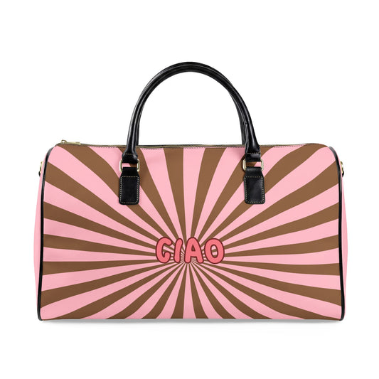 Duffle bag with pink and brown sunburst pattern and 'GIAO' text on a white background