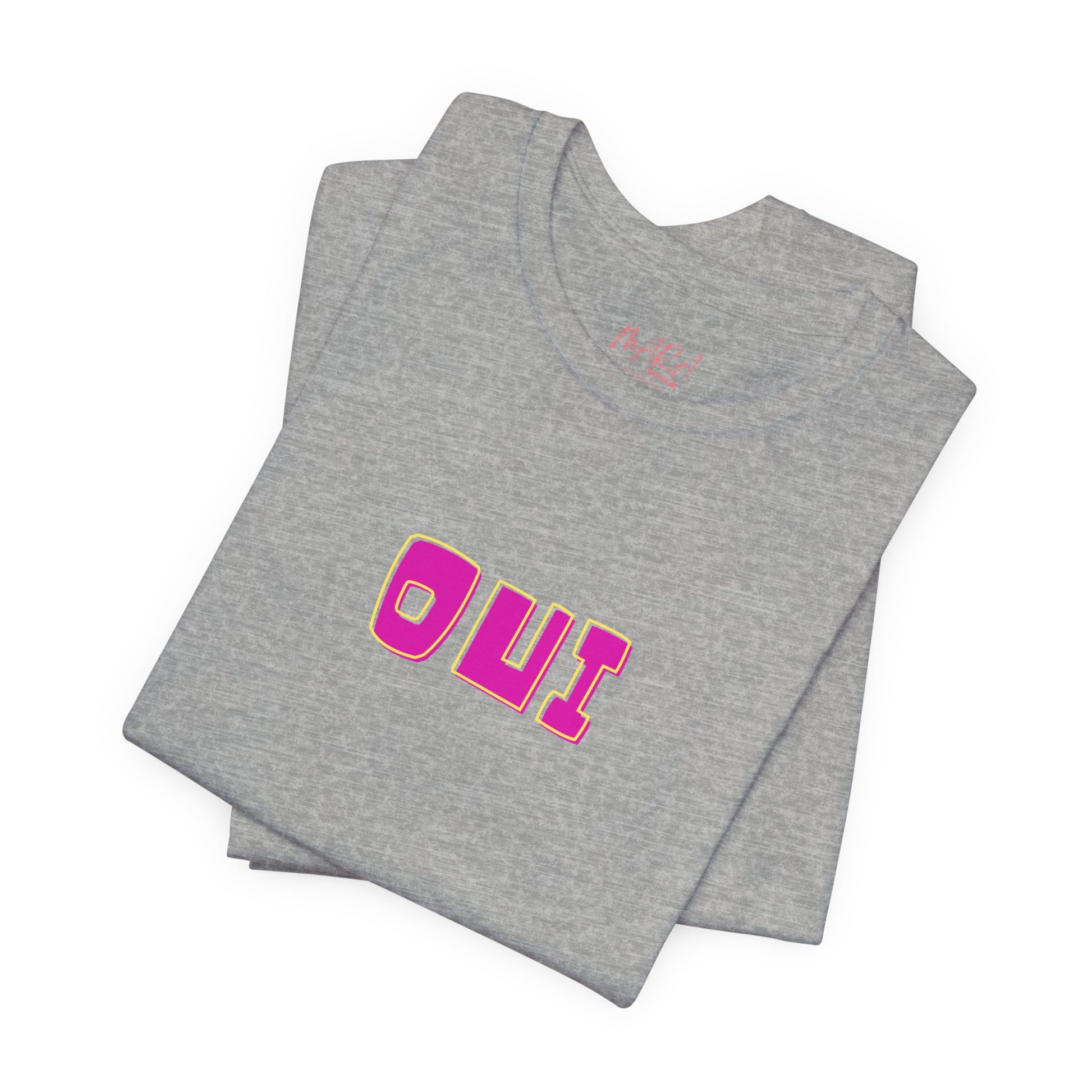 Gray t-shirt with 'OUI' in pink on a white background