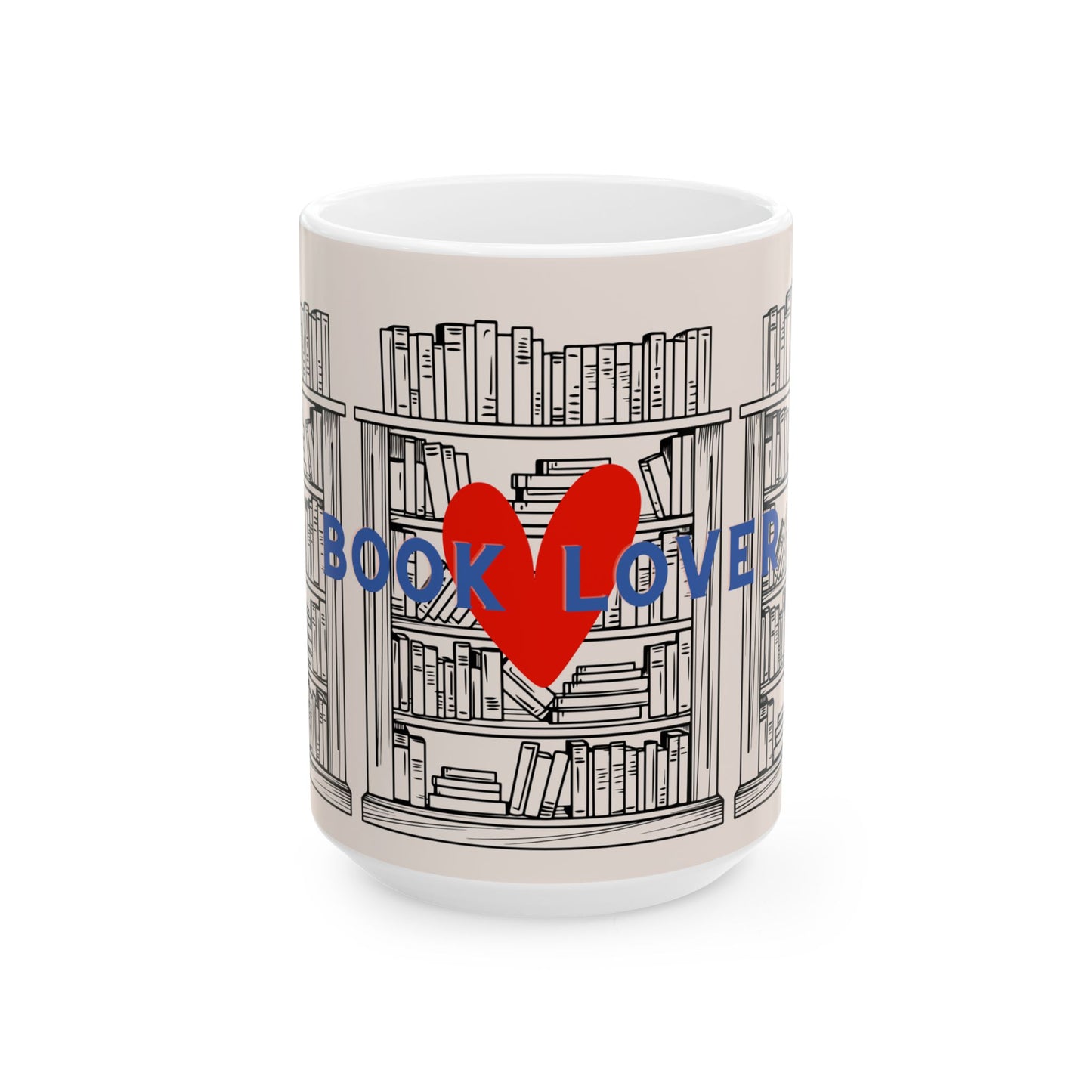 Mug with book design and 'BOOK LOVER' text on a white background