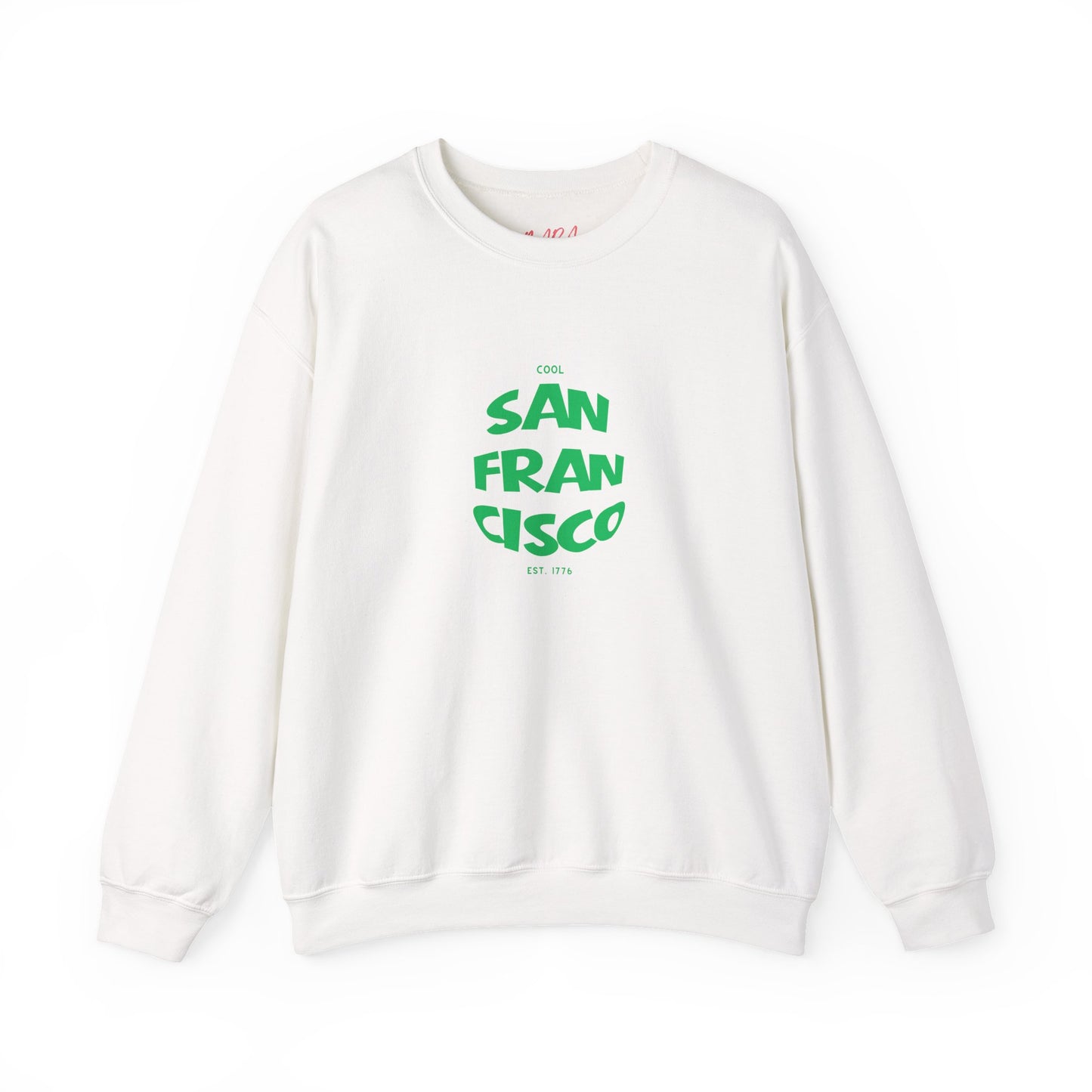 White sweatshirt with green 'San Francisco' text on a white background