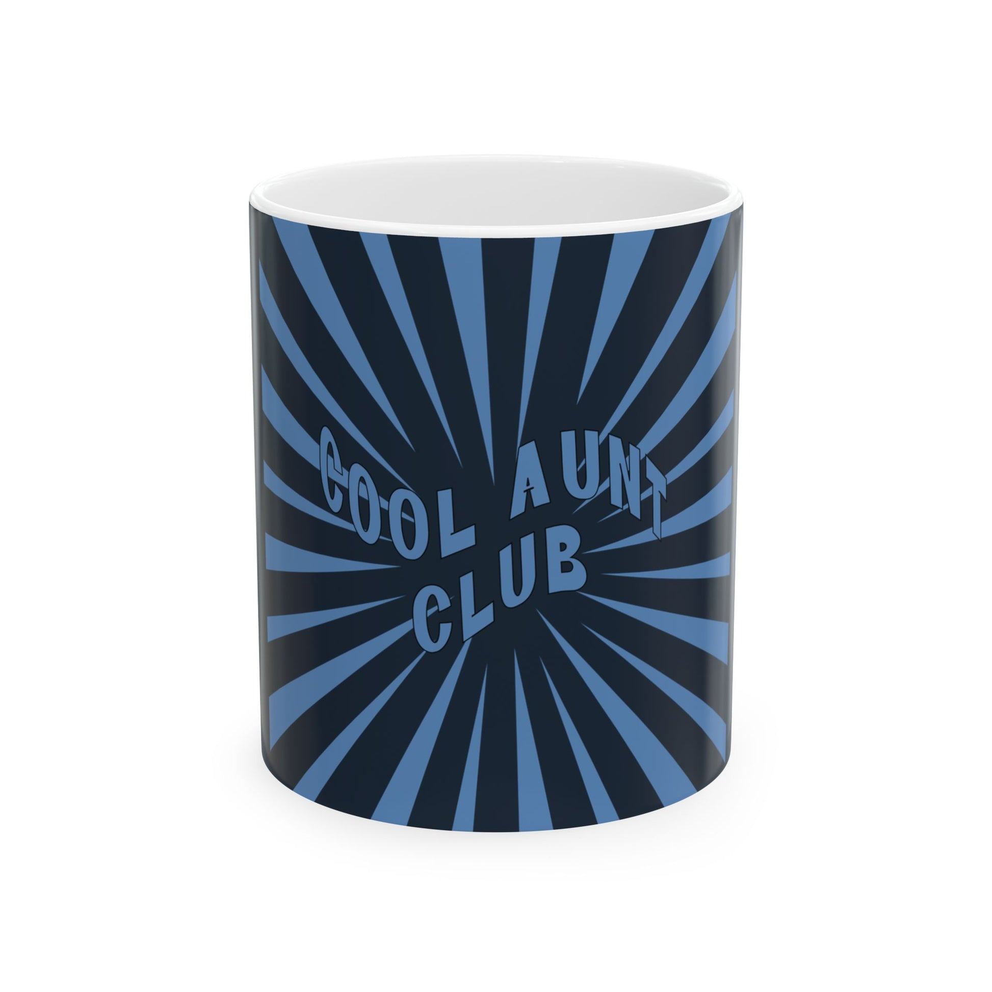 Mug with 'Cool Aunt Club' text on a blue and black sunburst design
