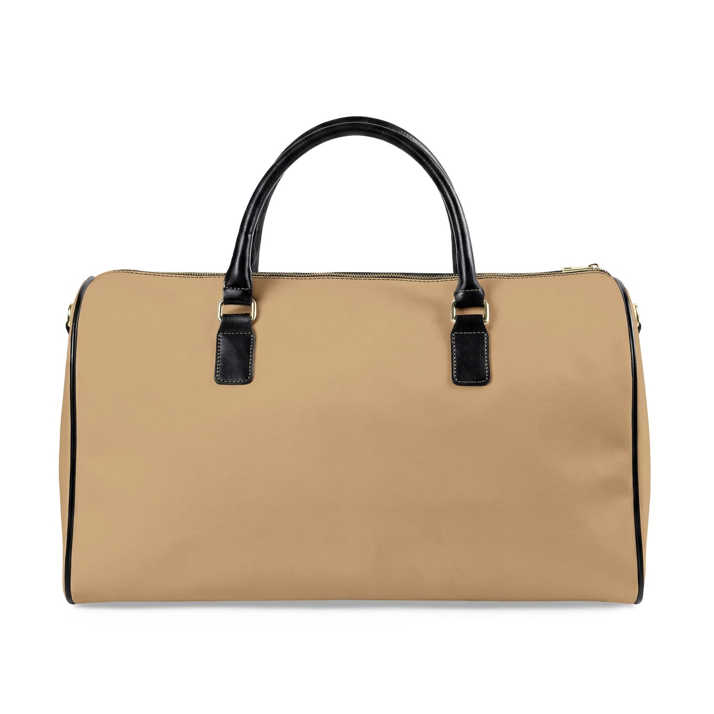 Beige duffel bag with black handles and zipper on a white background