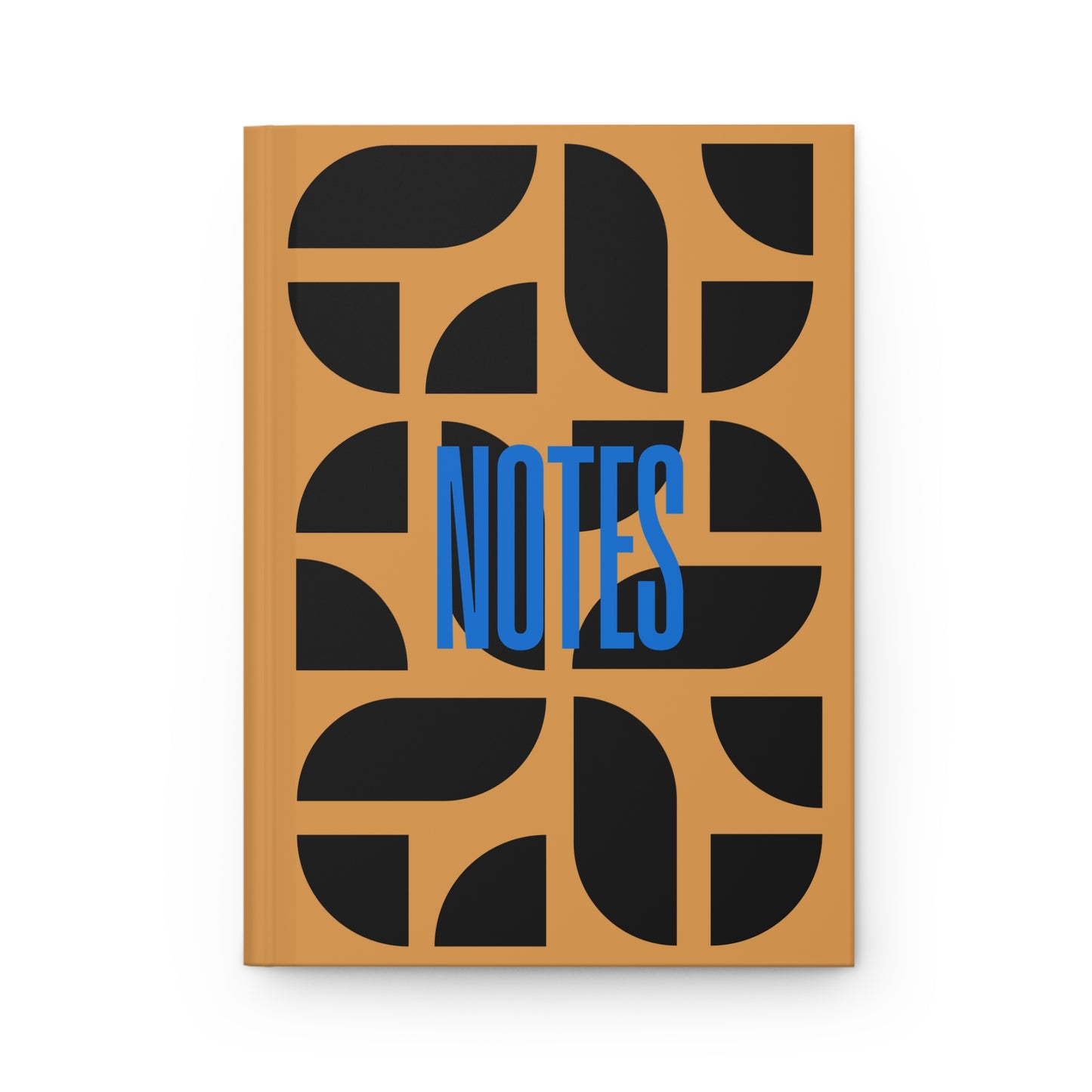 Notebook with black abstract patterns and blue 'NOTES' text on a beige background