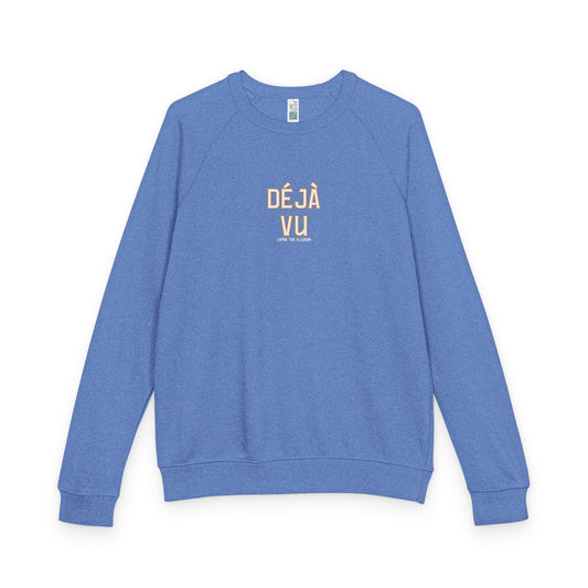 Blue sweatshirt with 'Déj  Vu' text on a white background