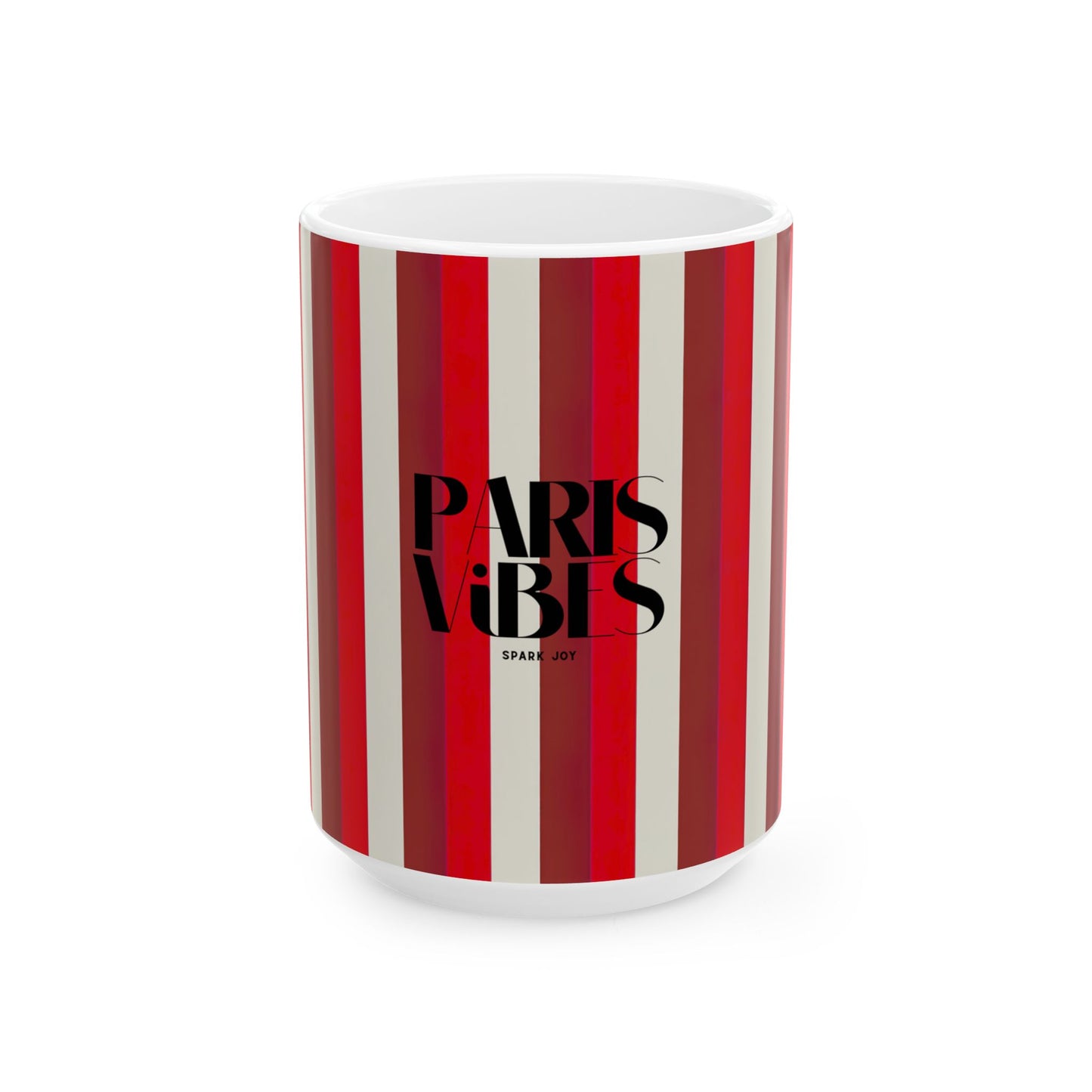 Mug with red and white striped pattern and 'Paris Vibes' text on a white background