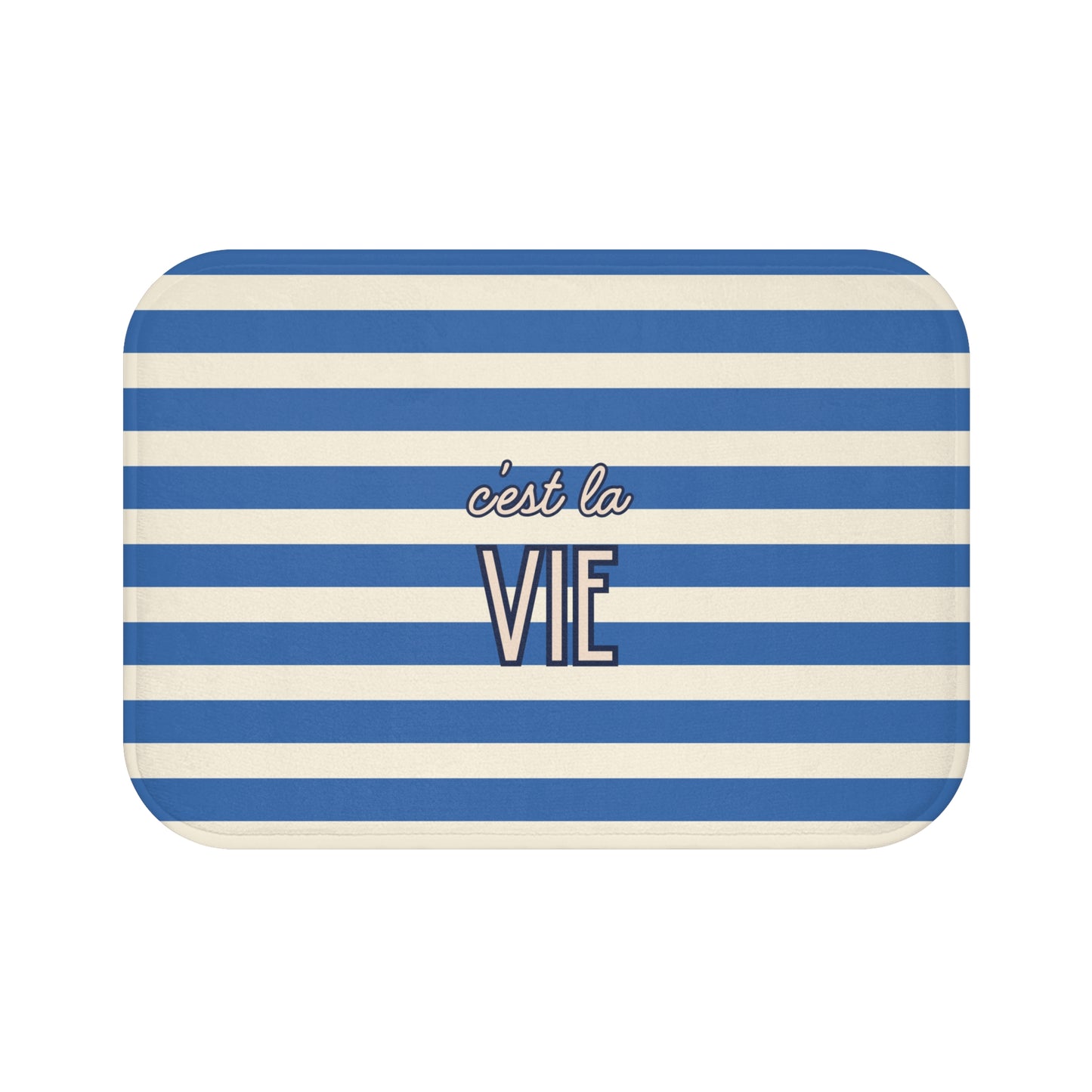 C'est la Vie Blue Striped Bath Mat — Nautical French Quote Bathroom Rug