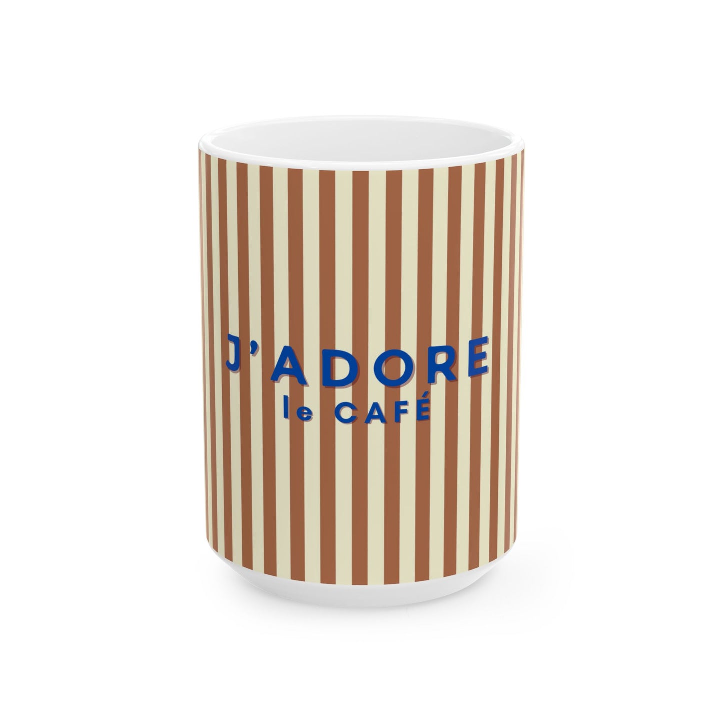 Striped mug with 'J'Adore le Cafe' text on a white background