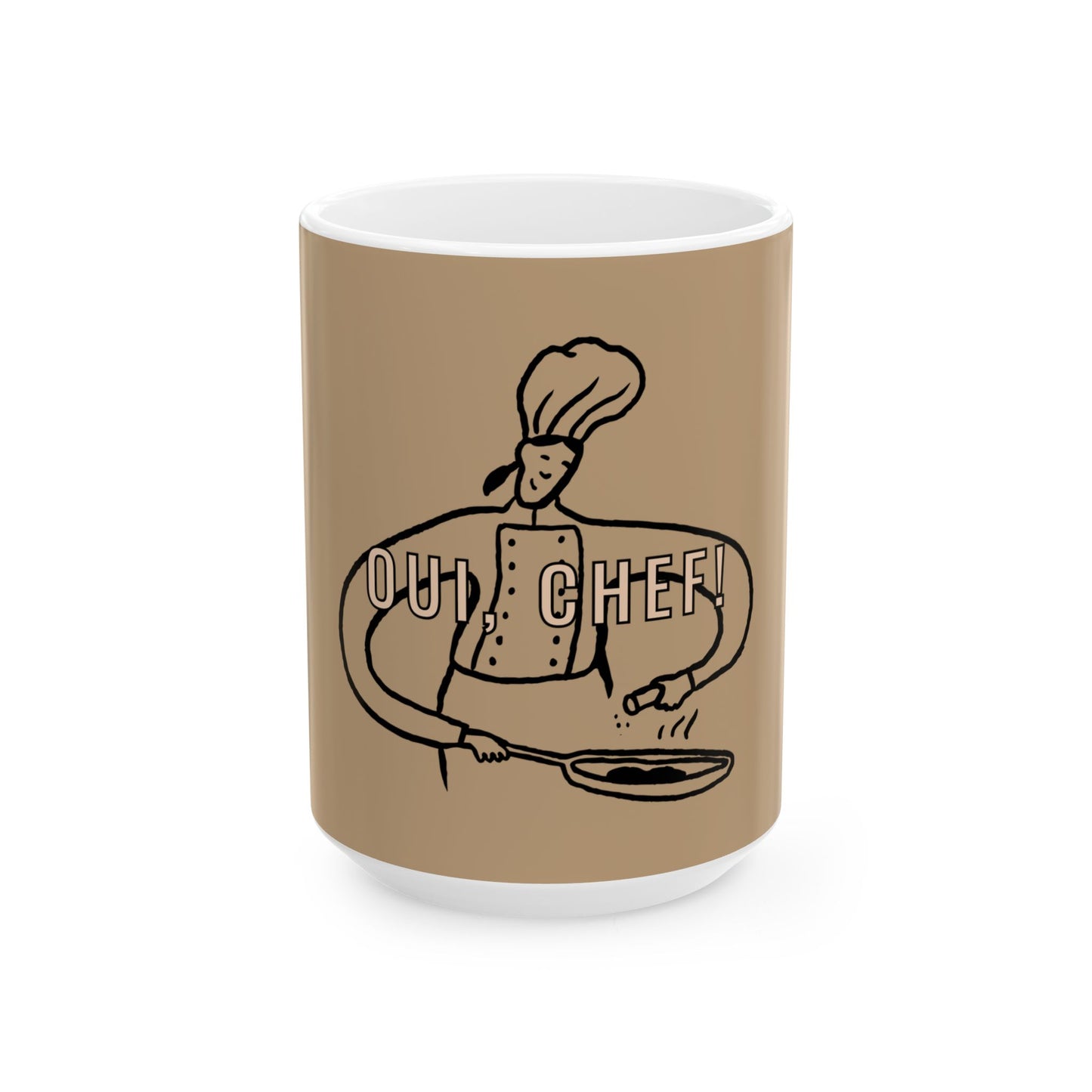Brown mug with a chef graphic and 'Out Chef!' text on a white background
