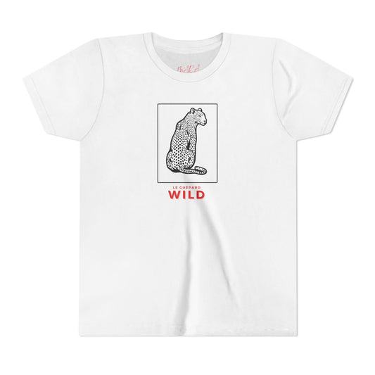 White t-shirt with a graphic of a cheetah and the word 'WILD' on a white background