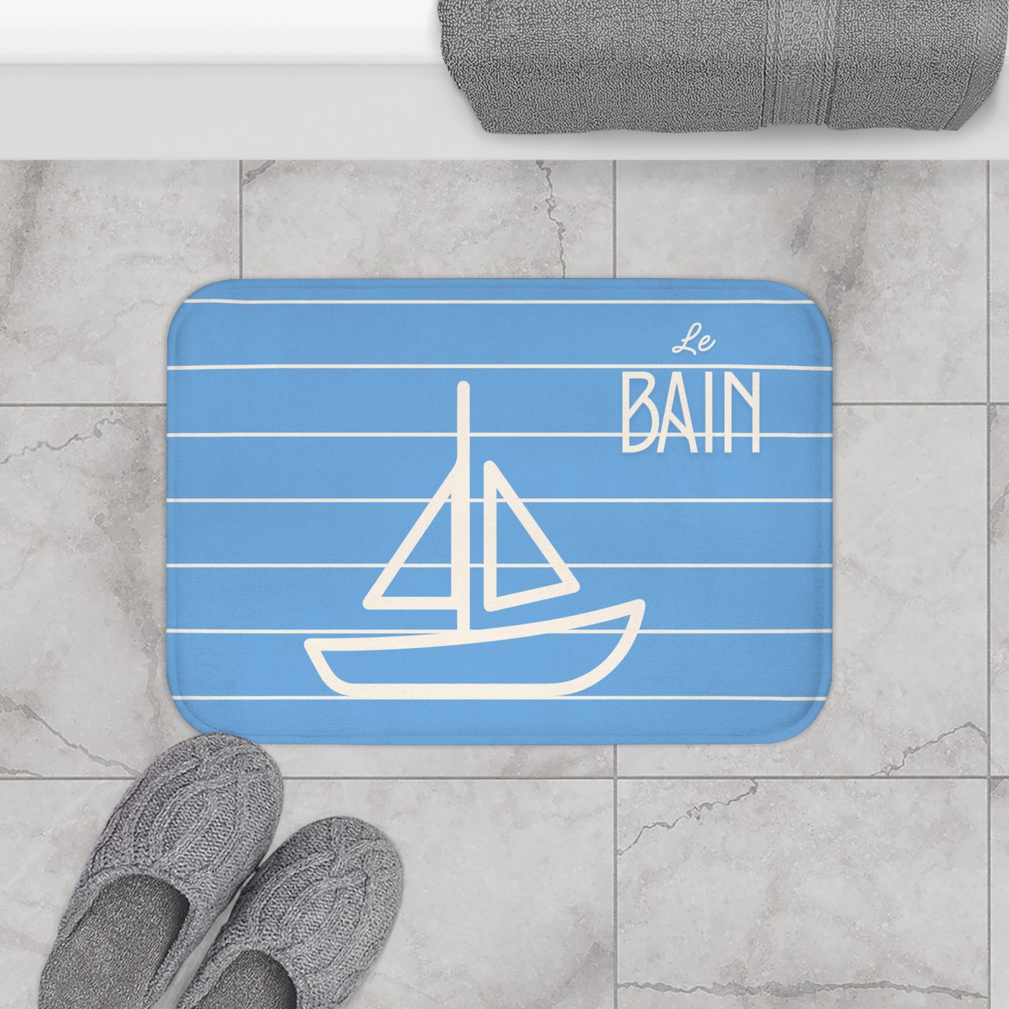 Nautical Baby Blue “Le Bain” Bath Mat — Striped Kid's Sailboat Bathroom Rug