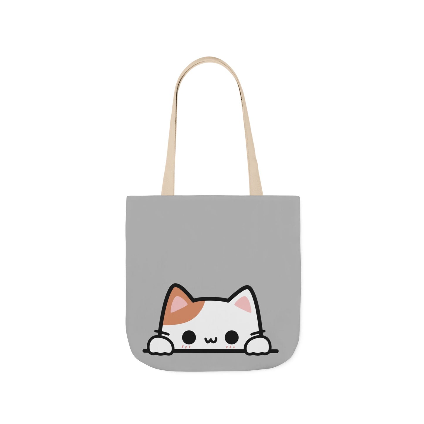 Gray tote bag with a cute cat illustration on a white background