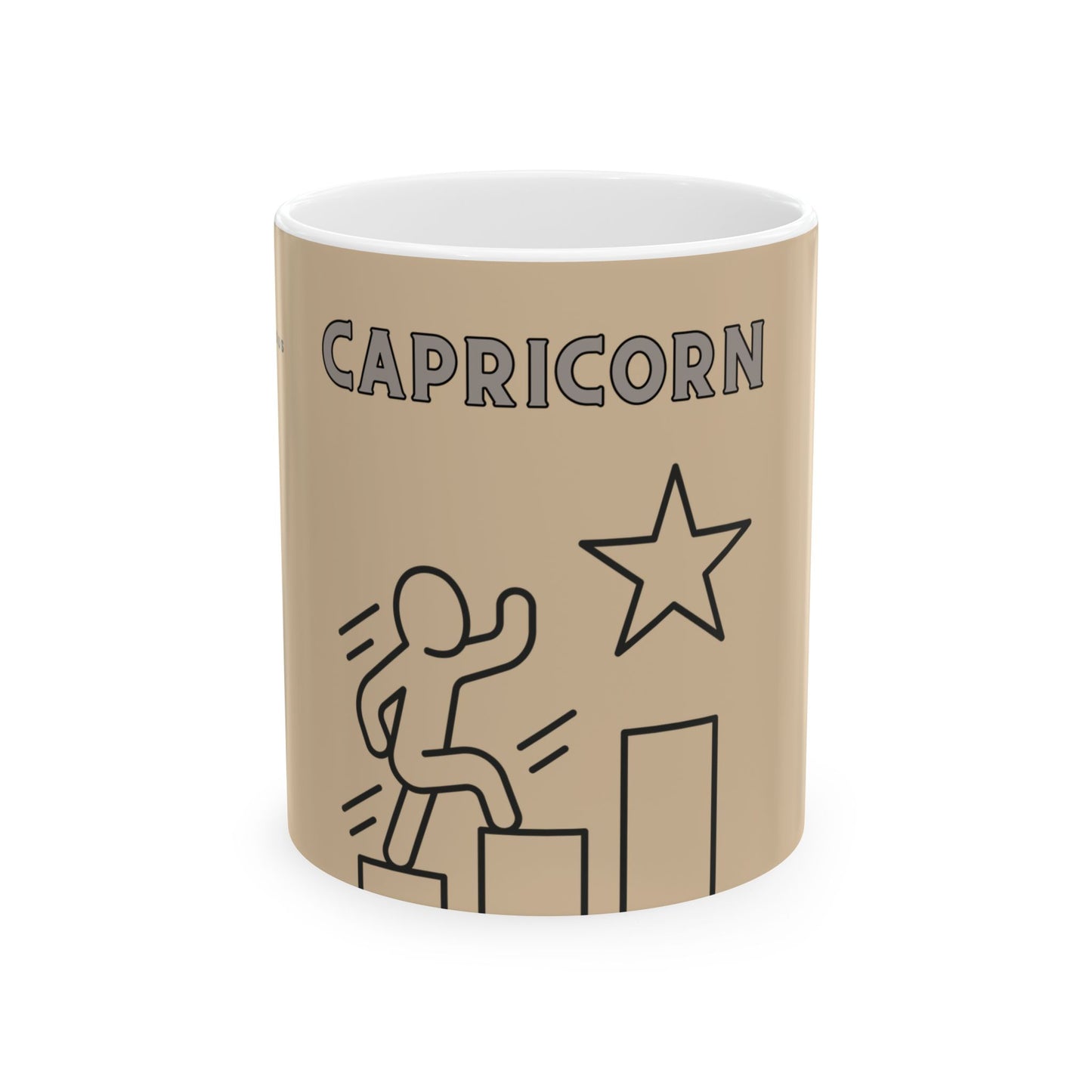 Beige mug with 'Capricorn' text and star design on a white background