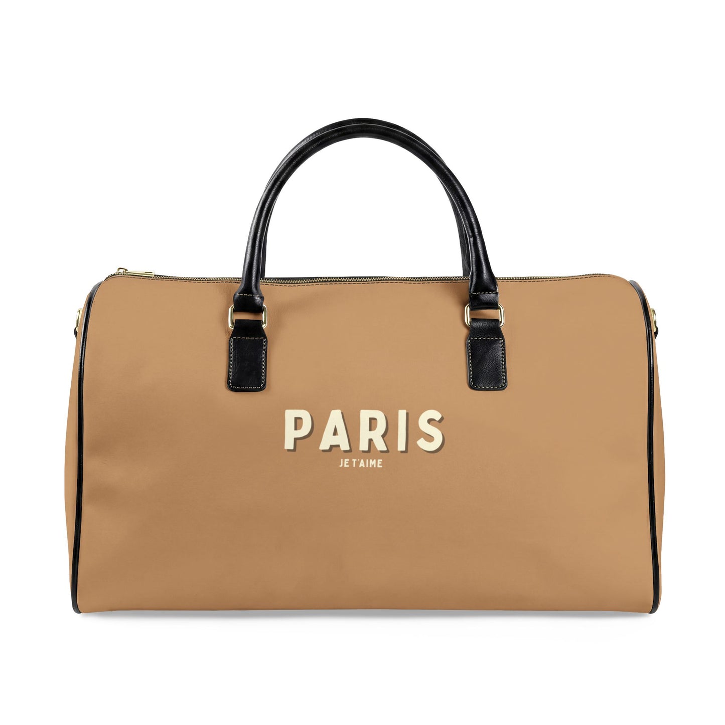 Tan duffel bag with 'PARIS' text on a white background