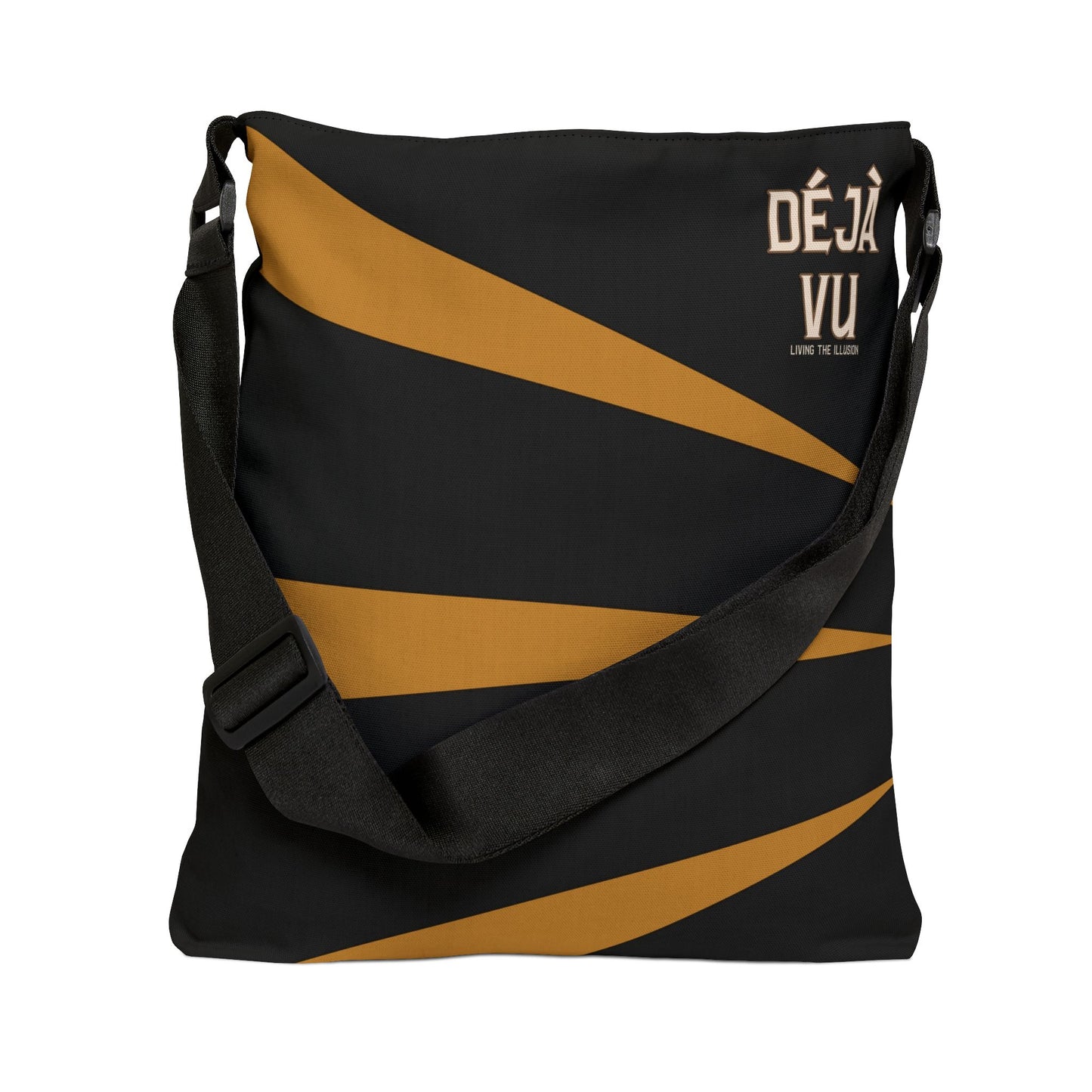 Black and gold bag with 'Deja Vu' branding on a white background