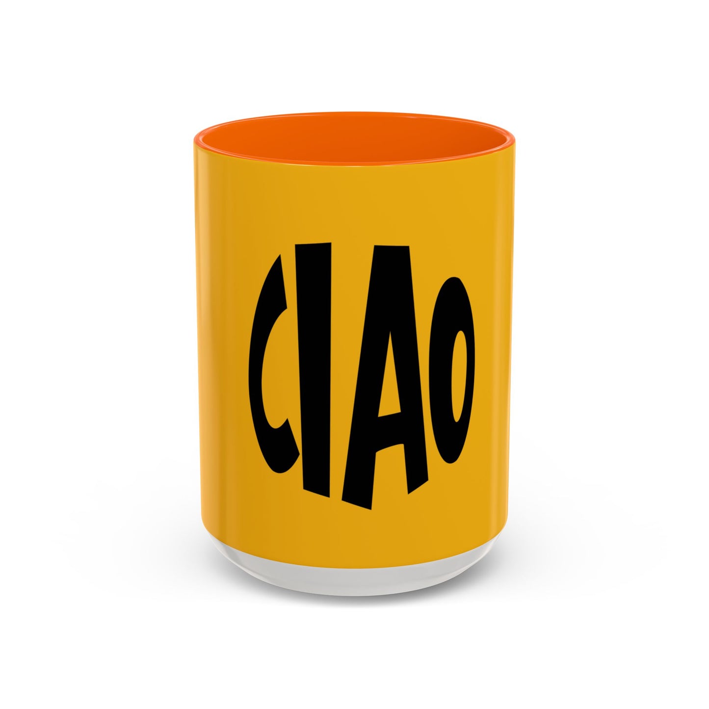 Yellow cup with orange interior and black 'CIAO' text on a white background