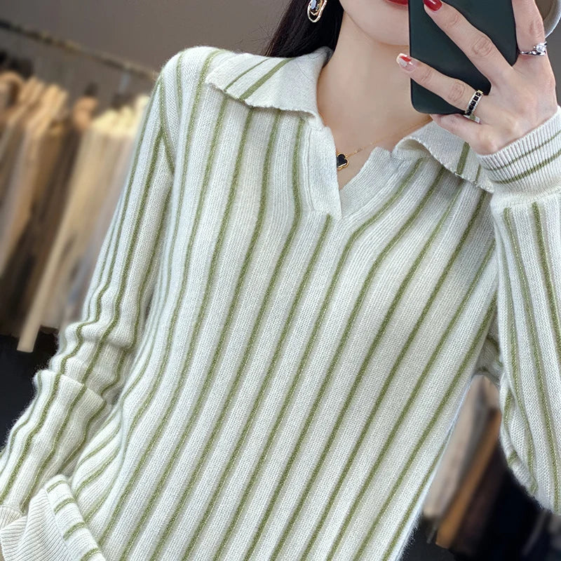 Retro Striped Women's Wool Pullover, Preppy Shirt