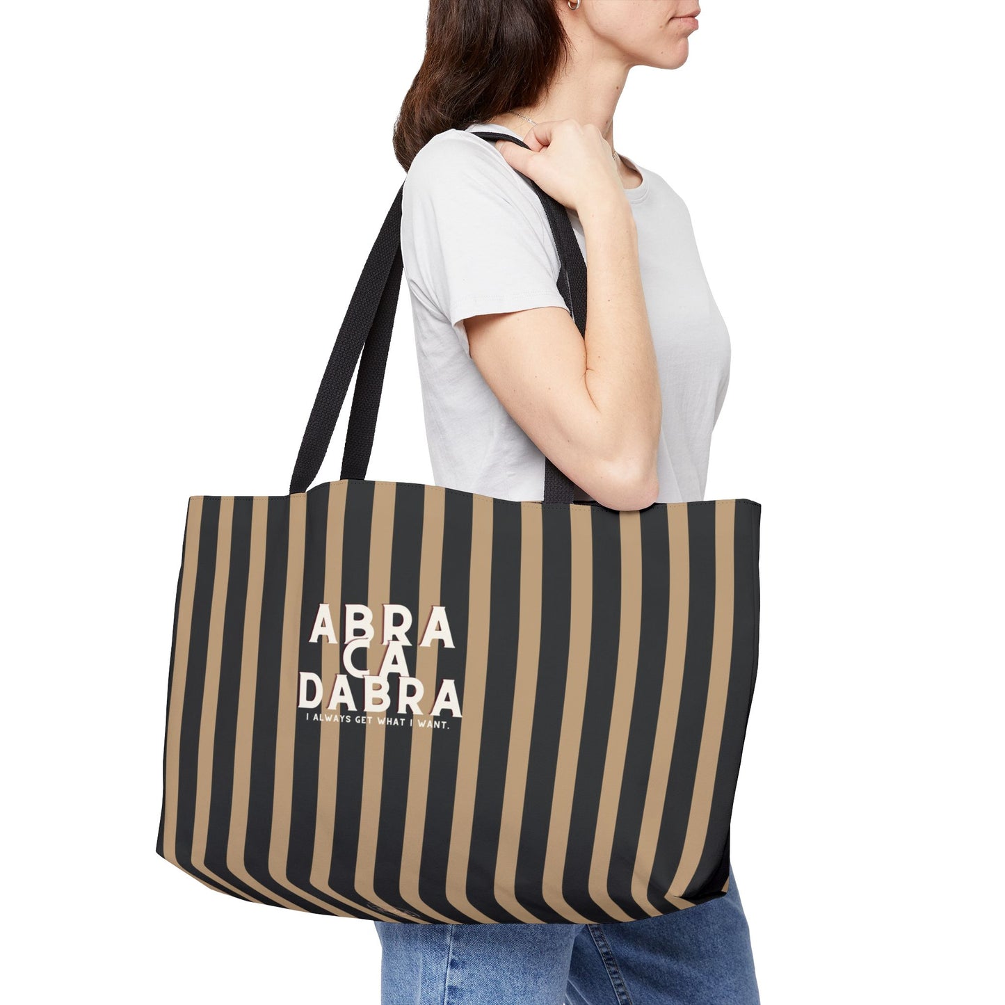 Grey Tan Stripped ABRACADABRA Oversized Tote Bag, Stylish Carryall