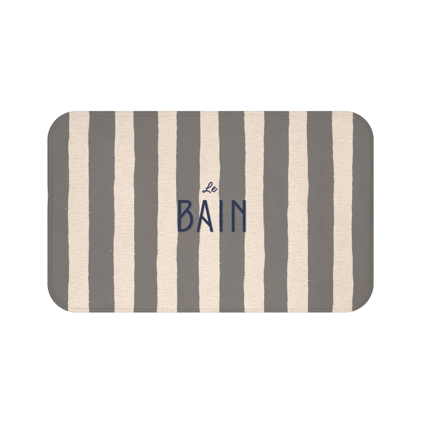 Le Bain Striped Bathroom Bath Mat — French Script, Neutral Grey & Cream