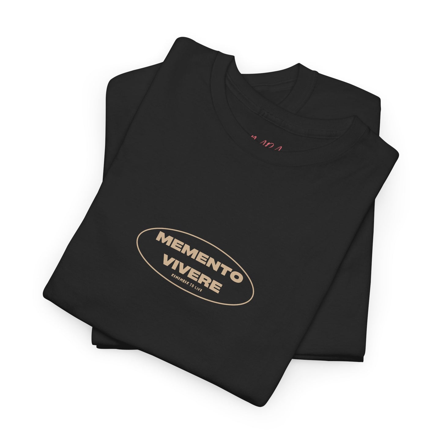 Folded black shirt with 'Memento Vivere' logo on a white background