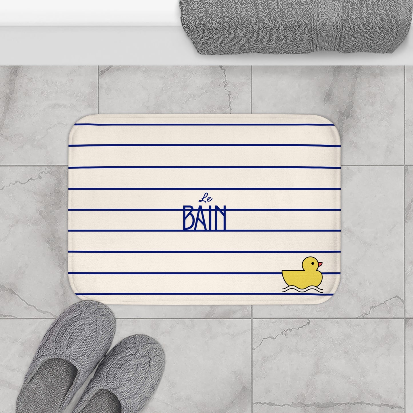 Rubber Duck Bath Mat – Cute 'Le Bain' Striped Bathroom Rug for Kids & Nursery