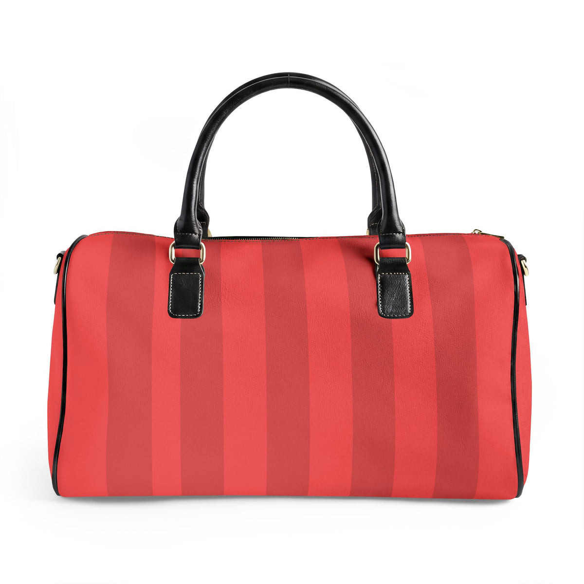 Red duffel bag with black handles and straps on a white background
