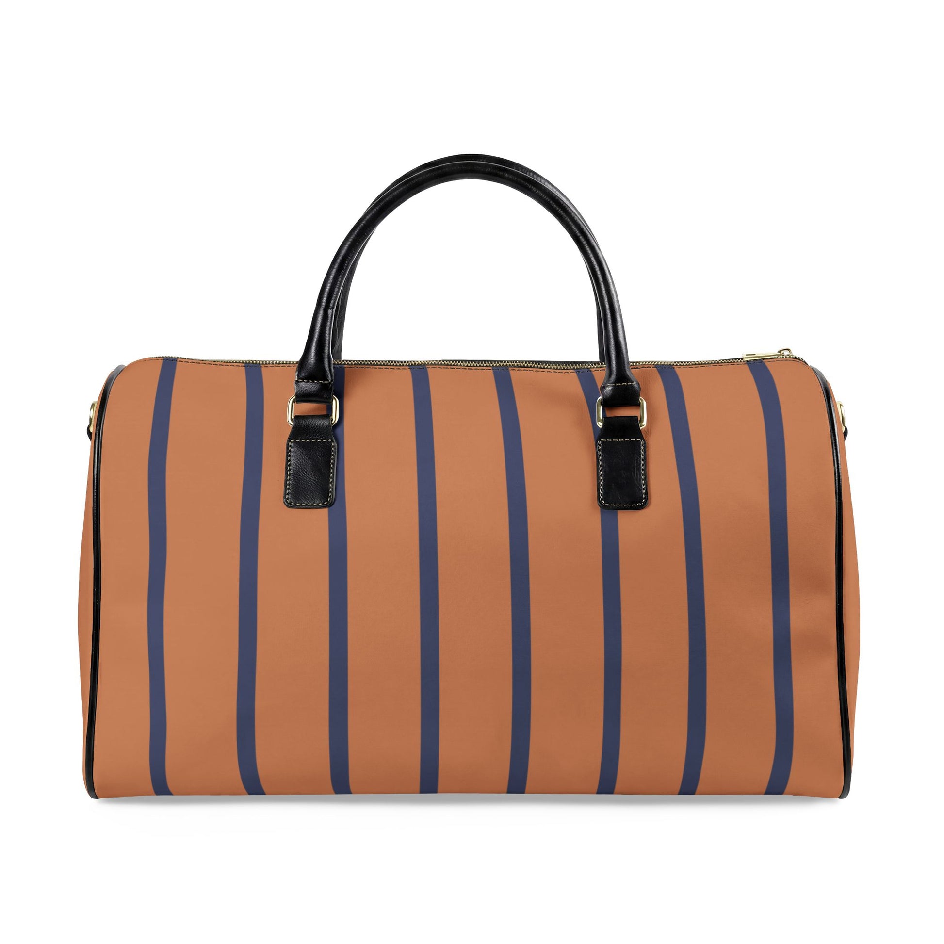 Striped duffel bag with brown and blue stripes on a white background