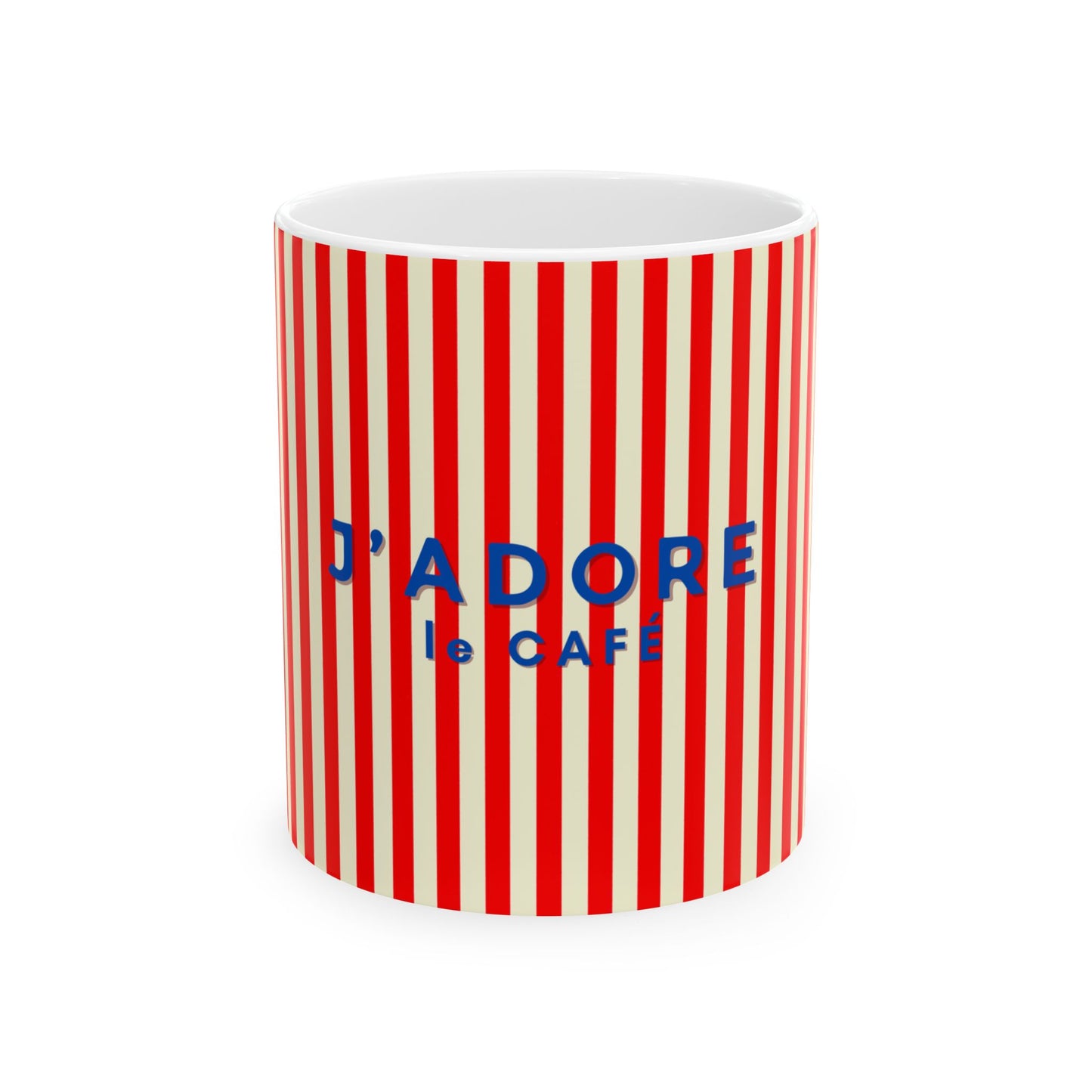 Mug with red and white striped pattern and 'J'adore le Cafe' text on a white background