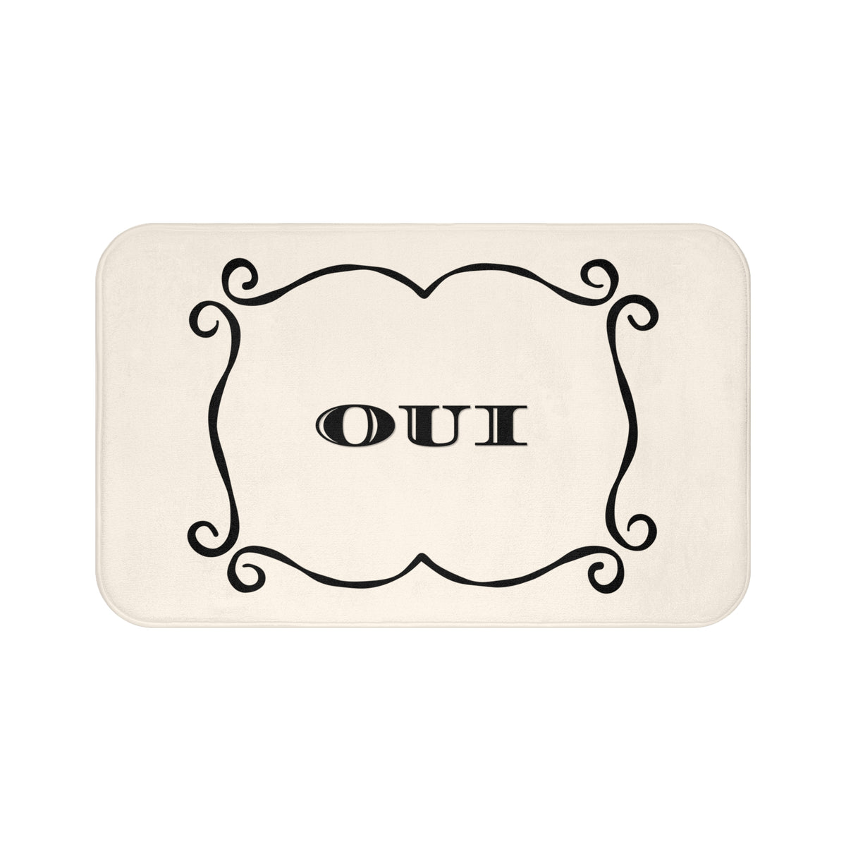 An off-white rectangular mat with rounded corners, featuring a black ornate scroll border and the word 'OUI' in the center, shown on a plain white background.